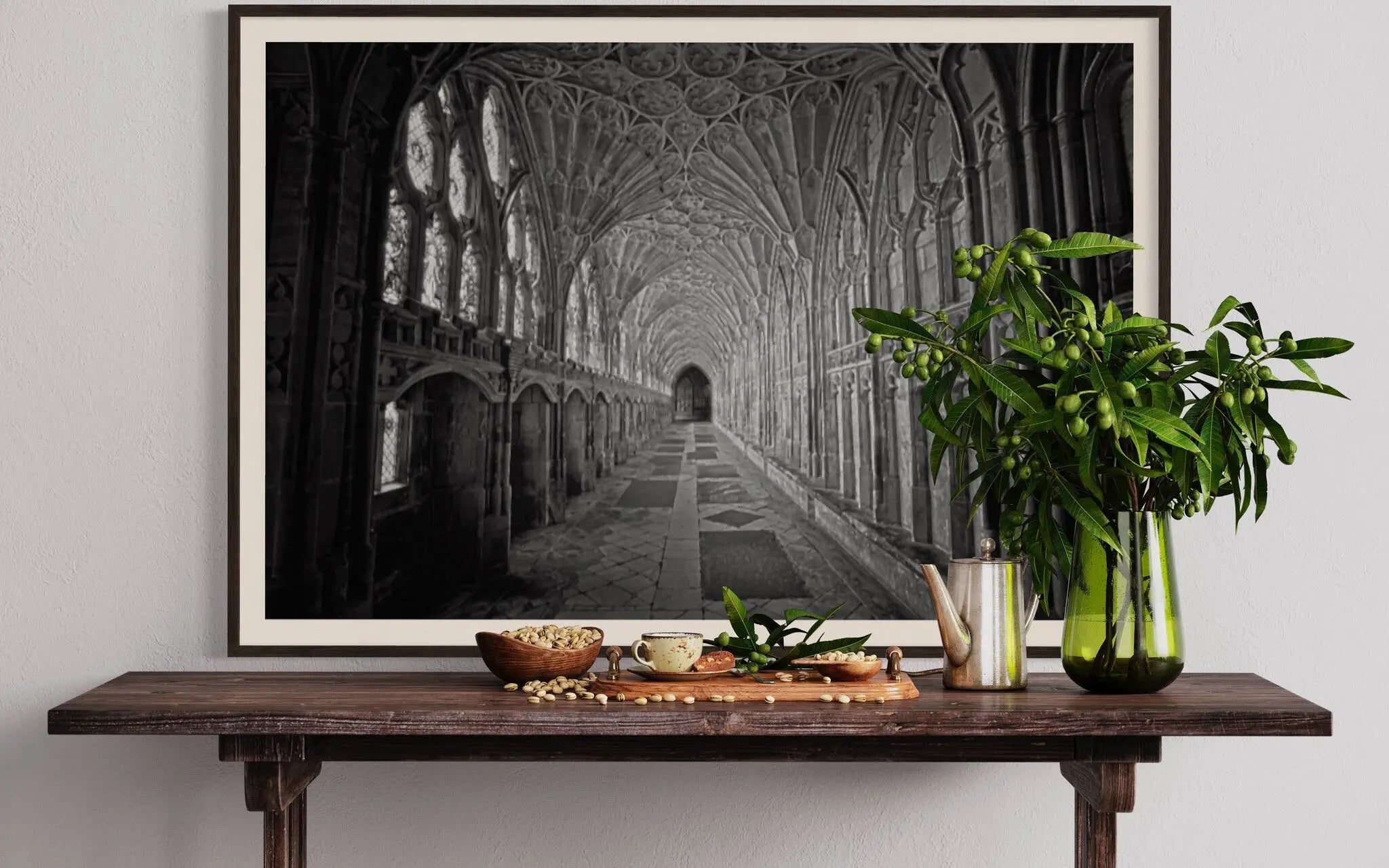 Gloucester Cathedral Black and White Photograph by M. Beck displayed in a modern living room interior