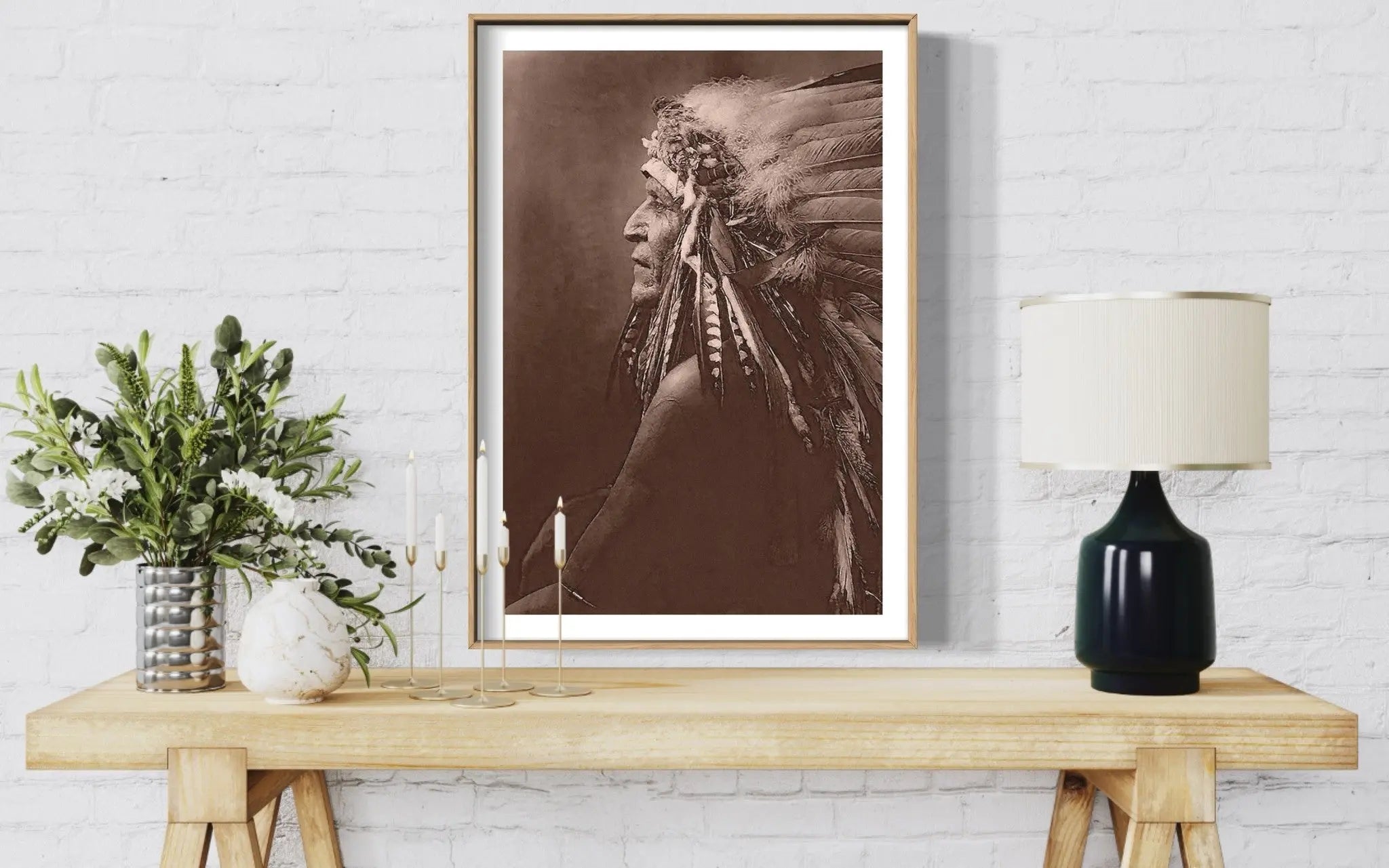 Vintage Photograph 1910 of 'blackfoot Brave' With Headdress. displayed in a modern living room interior