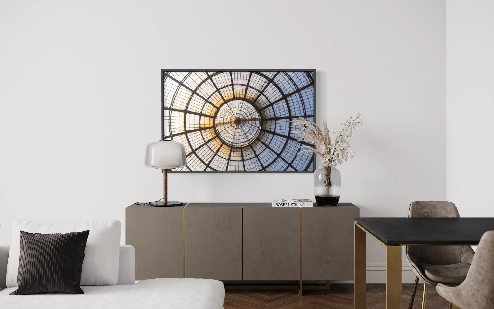 Glass Dome by J. Shaw displayed in a modern living room interior
