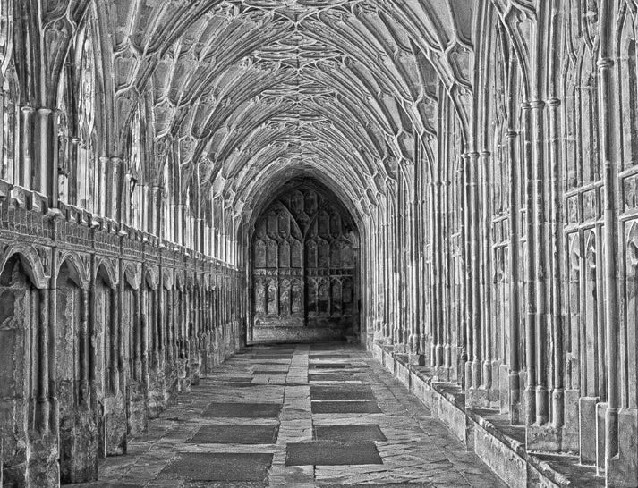 Detail close-up of Gloucester Cathedral Black and White Photograph by M. Beck, fine art paper print
