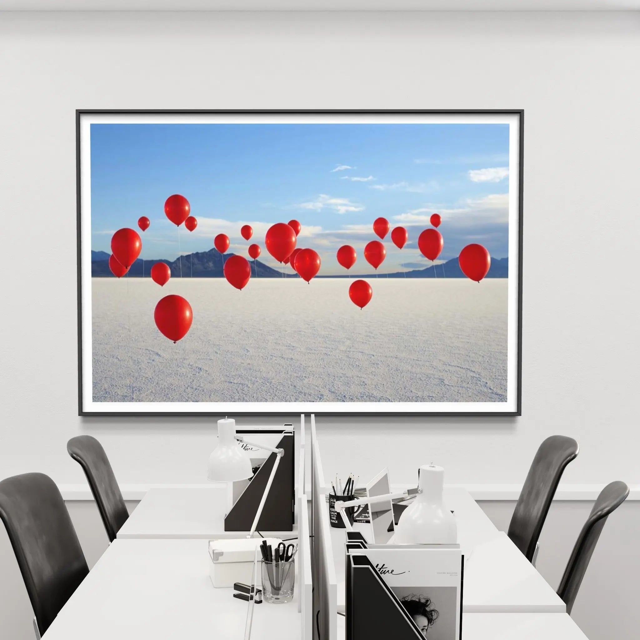 Red Balloons on Salt Flats by Andy Ryan showcased in a designer room setting