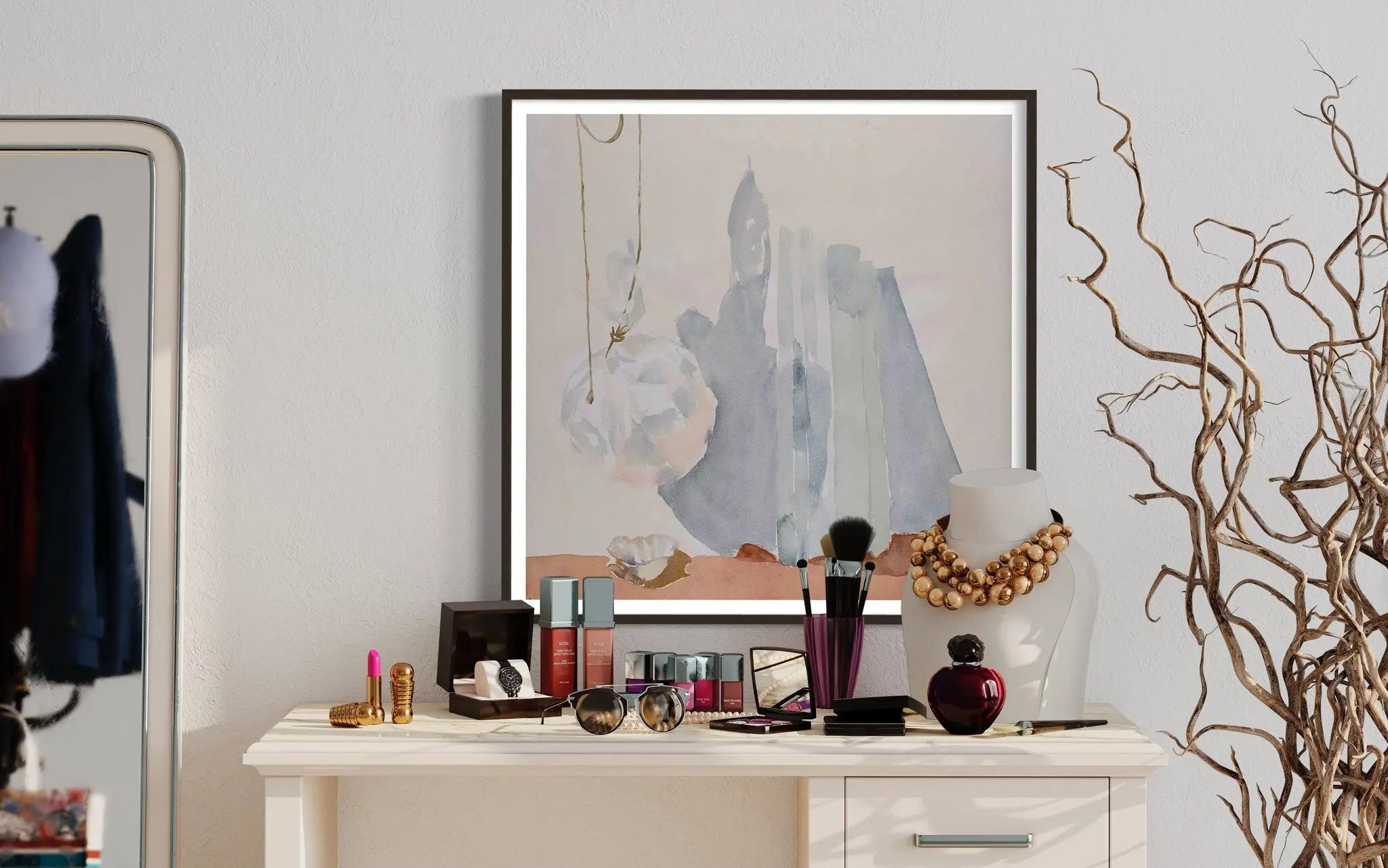 Abstraction in Grey and Pink by Encarnacion Portal Rubio featured in an elegant interior space