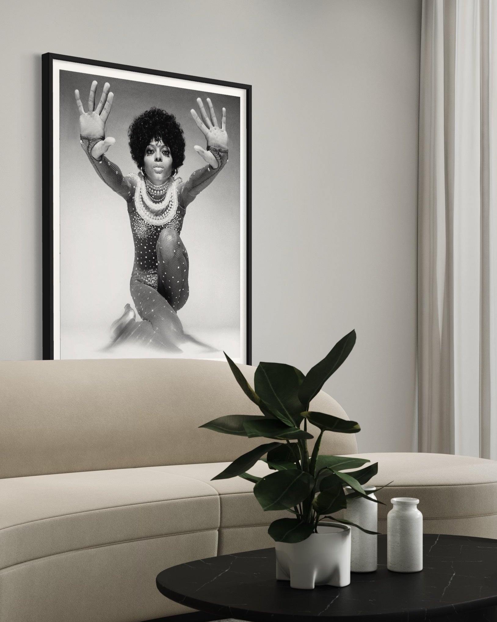 Vintage black-and-white portrait of Diana Ross, fine-art photography by The Picturalist over a modern sofa