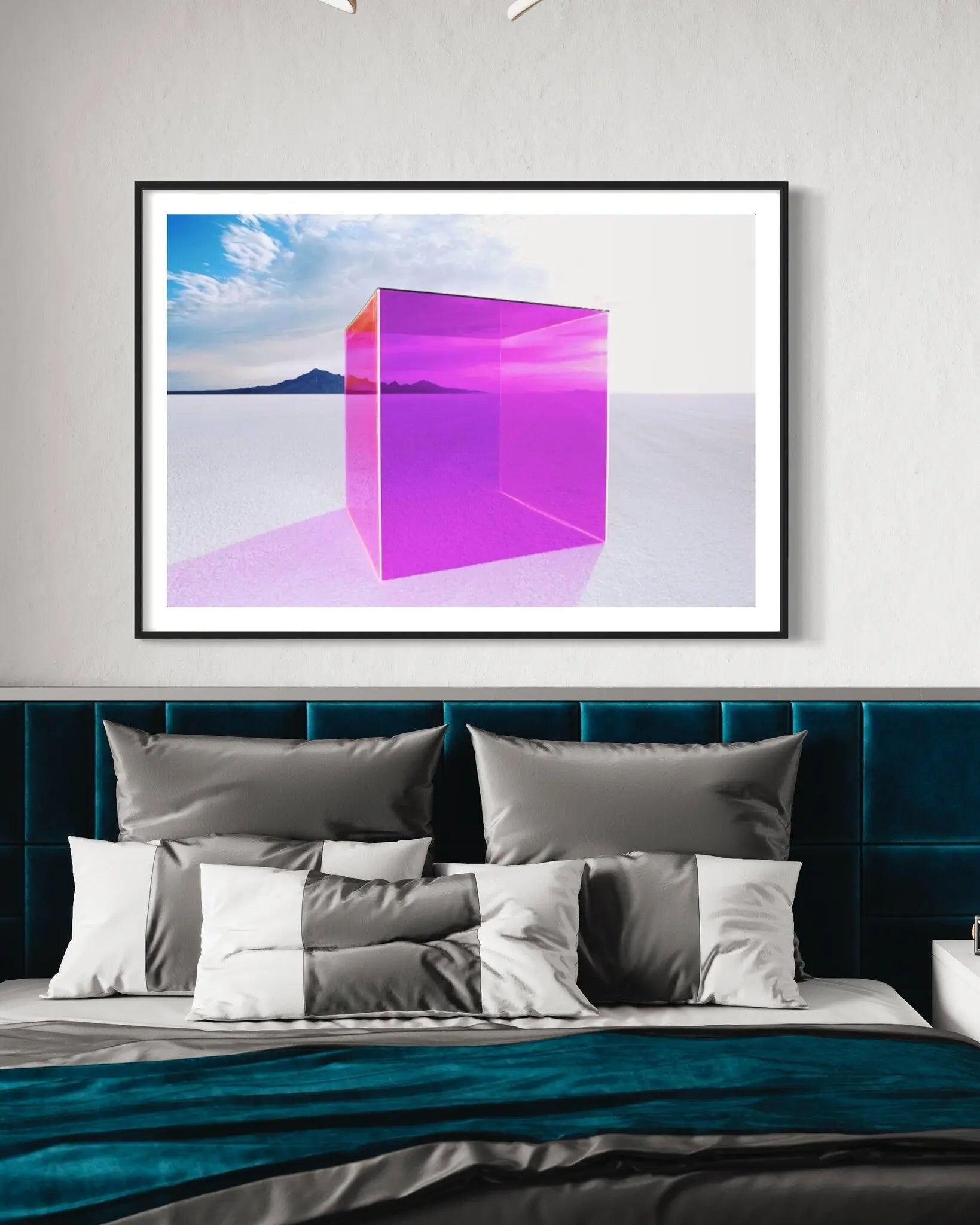 Magenta Box on Salt Flats by Andy Ryan displayed in a modern living room interior