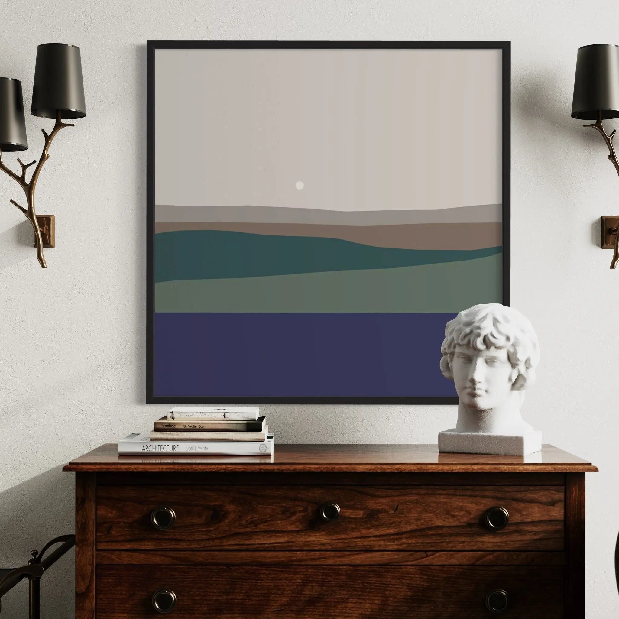 Landscape with Full Moon by Alejandro Franseschini displayed in a modern living room interior