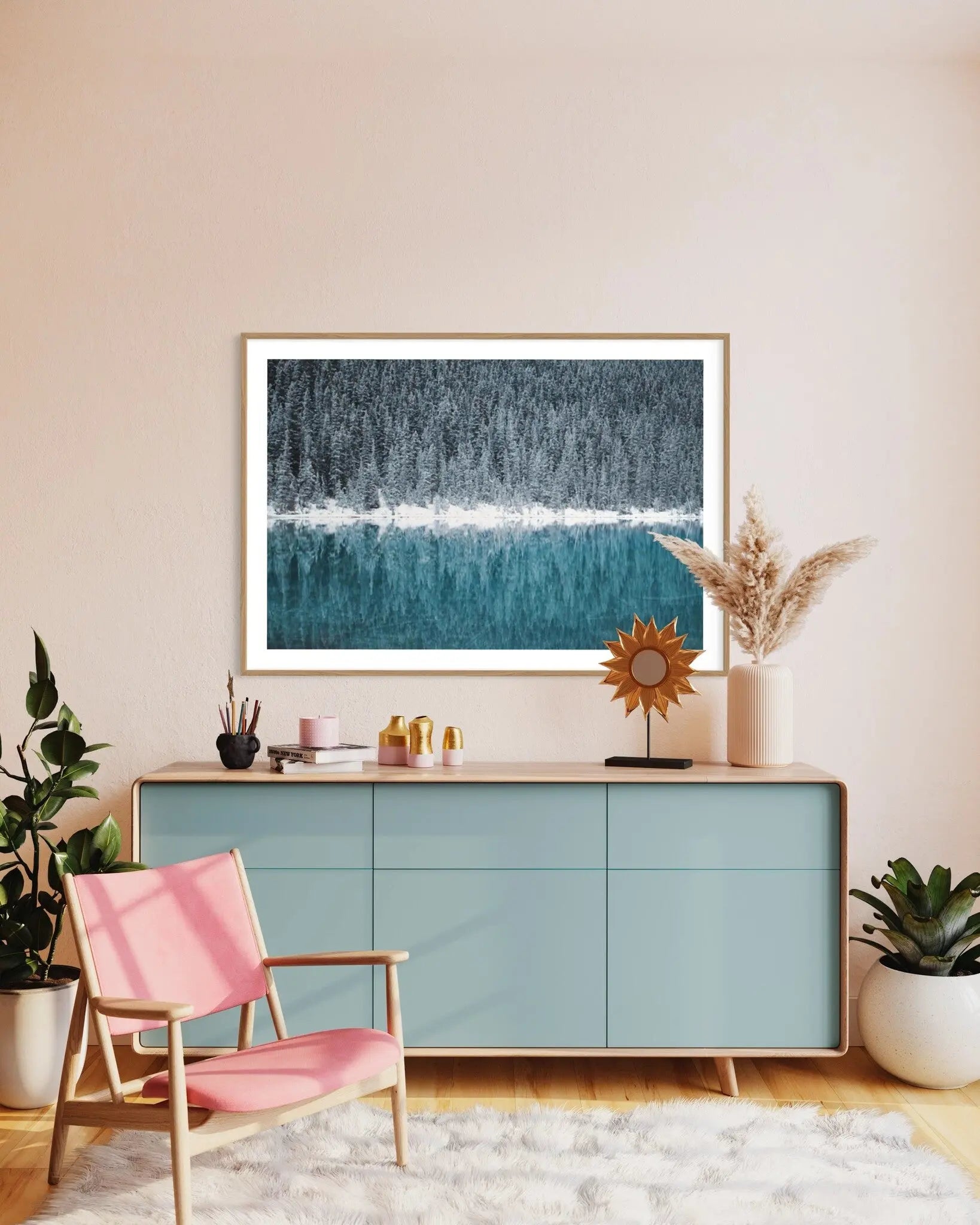 Frosty Lake by J. Caspari styled in a contemporary interior setting