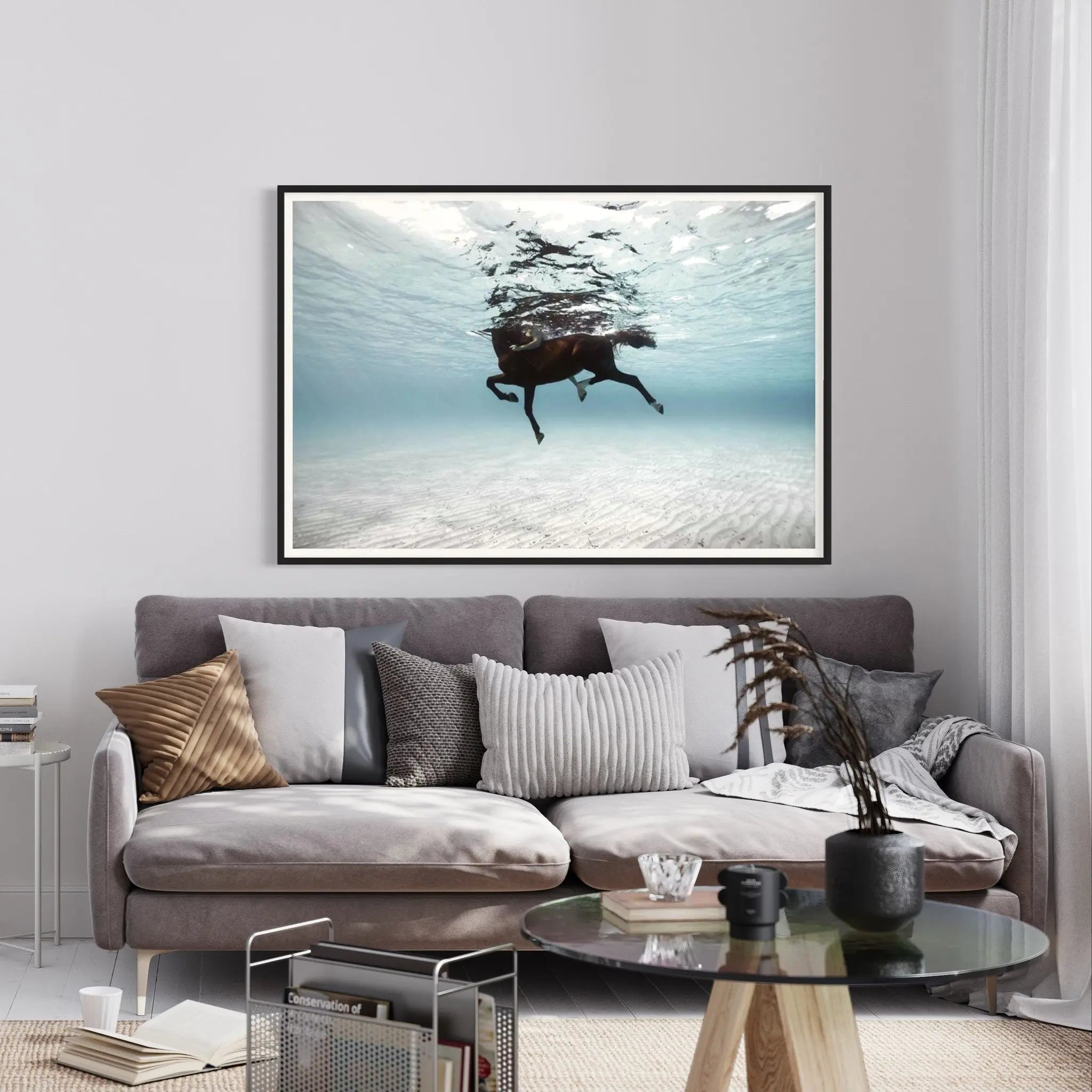 On a Horse in the Mediterranean Sea by Enric Gener presented in a curated interior design