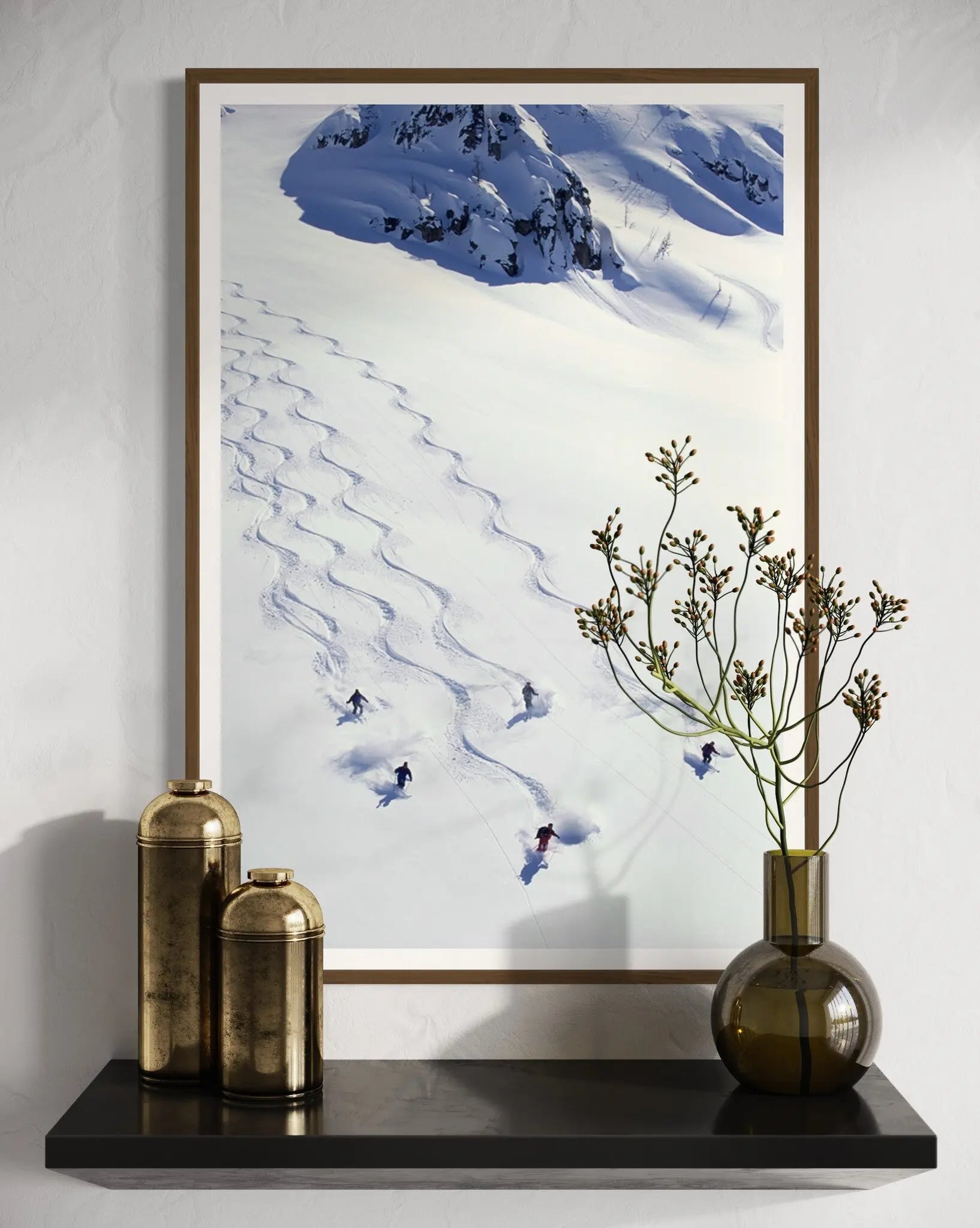 Thrilling Heli-Skiing Descent by Karl Weatherly displayed in a modern living room interior