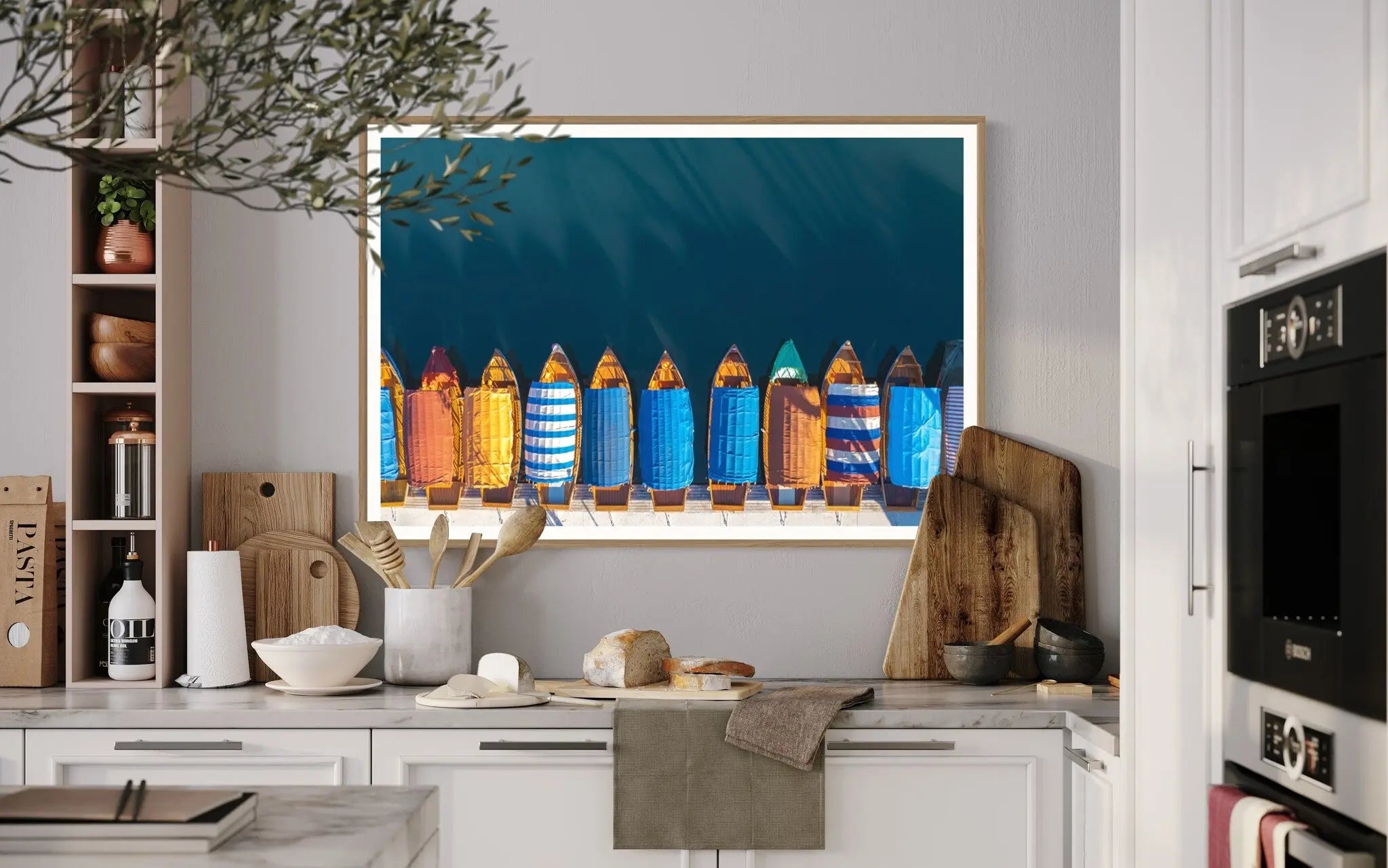 Boats on Lake Bled by Marco Bottigelli showcased in a designer room setting