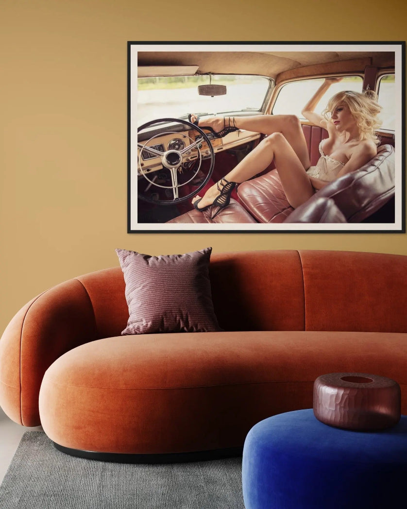 Fashion Model in Vintage Car by Miljko showcased in a designer room setting