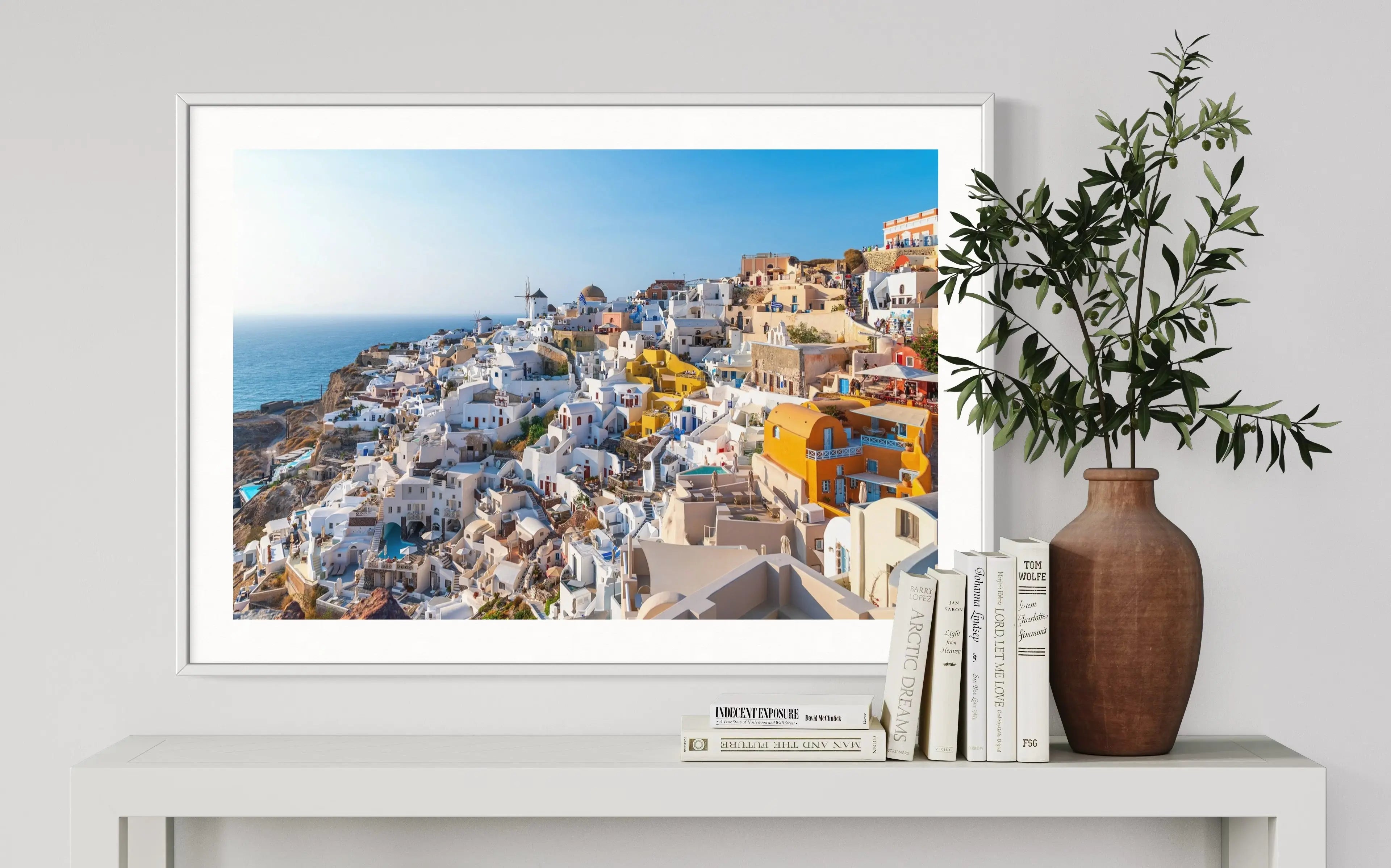 Beautiful View of Oia in Santorini by George Pachantouris styled in a contemporary interior setting