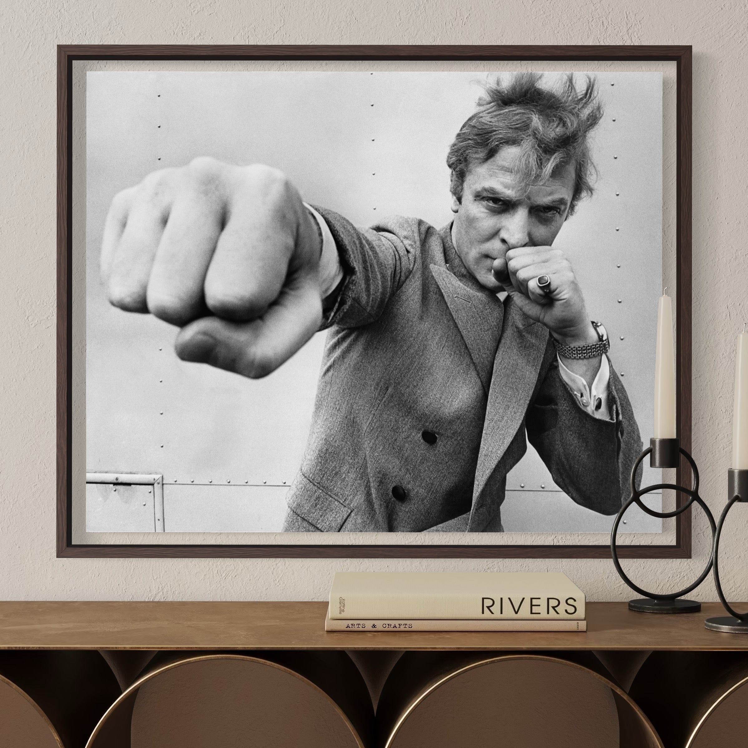 Michael Caine Throwing A Punch by Stephan C. Archetti, Getty Images Gallery black and white portrait, fine-art print framed by The Picturalist