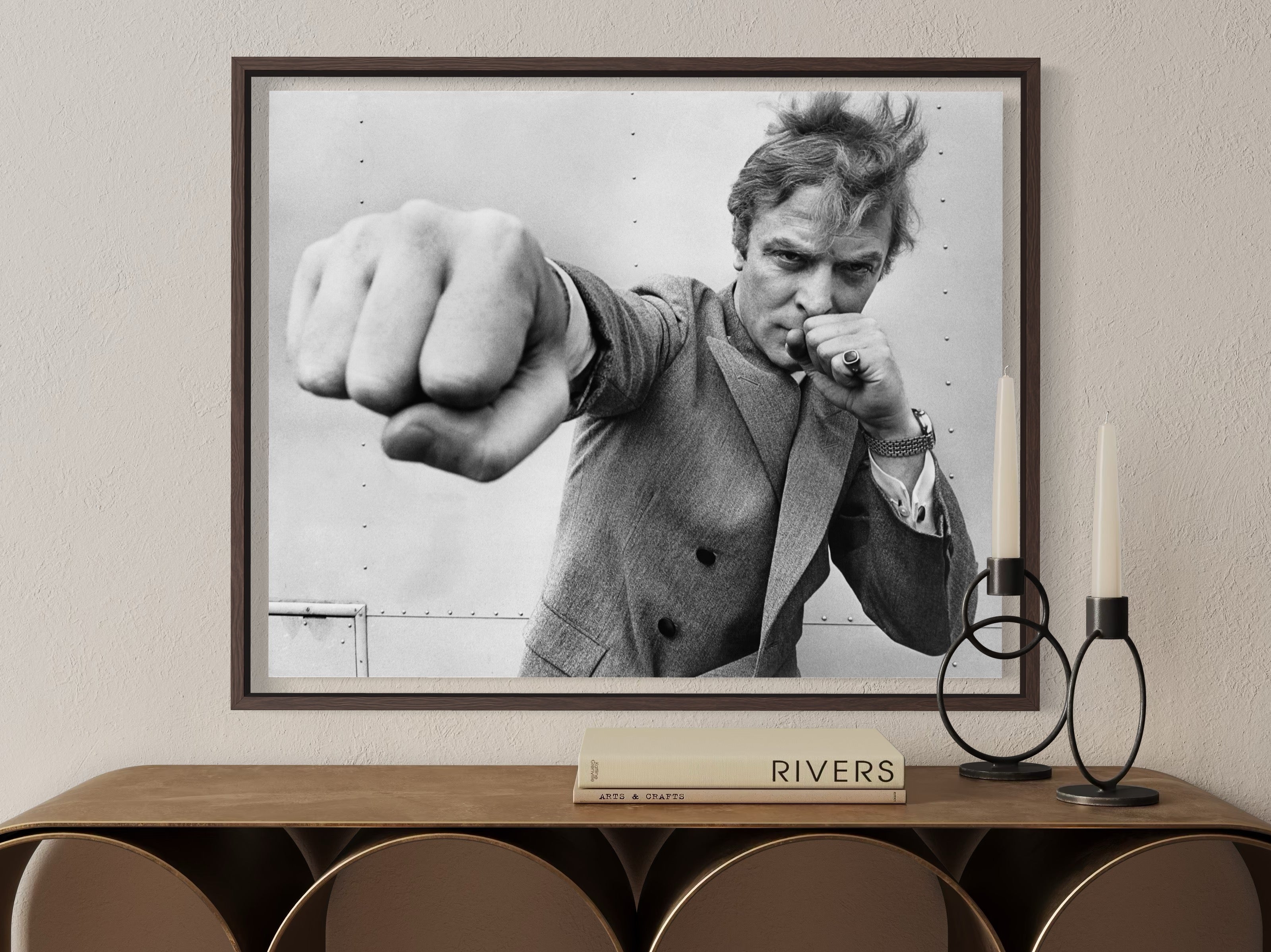 Michael Caine Throwing A Punch by Stephan C. Archetti, Getty Images Gallery black and white portrait, fine-art print framed by The Picturalist