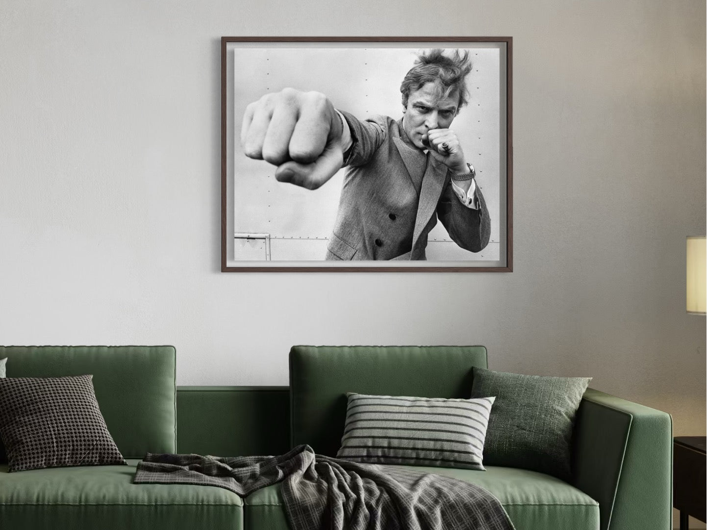 Michael Caine Throwing A Punch by Stephan C. Archetti, Getty Images Gallery black and white portrait, fine-art print framed by The Picturalist