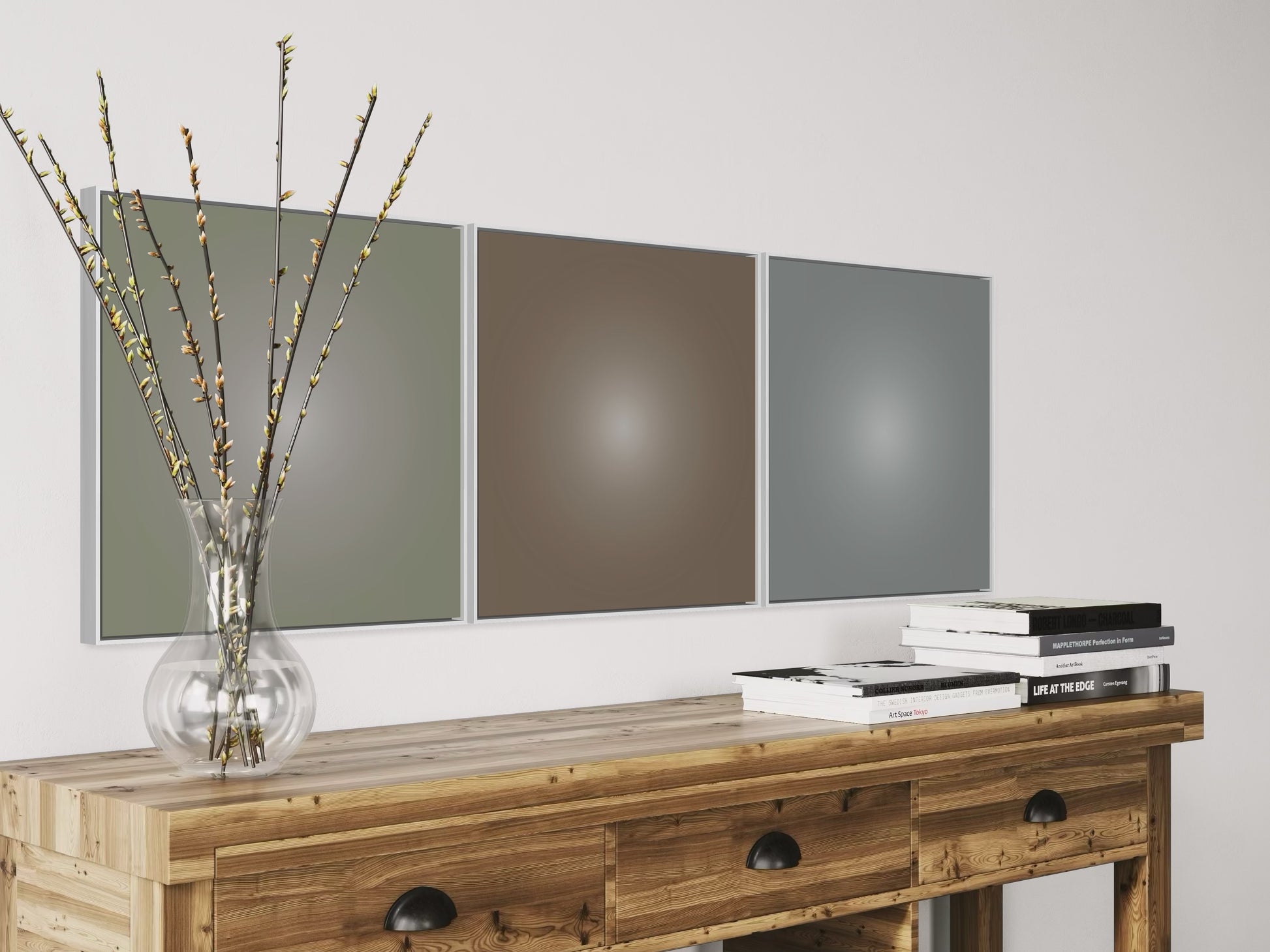 Wooden console table with decorative items against a wall with Contemporary abstract art for interior design and hospitality projects