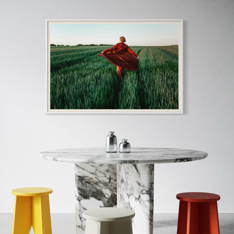 Walking at Sunset by Igor Ustynskyy featured in a minimalist hallway gallery wall, ideal for real estate staging art and curated art collections.