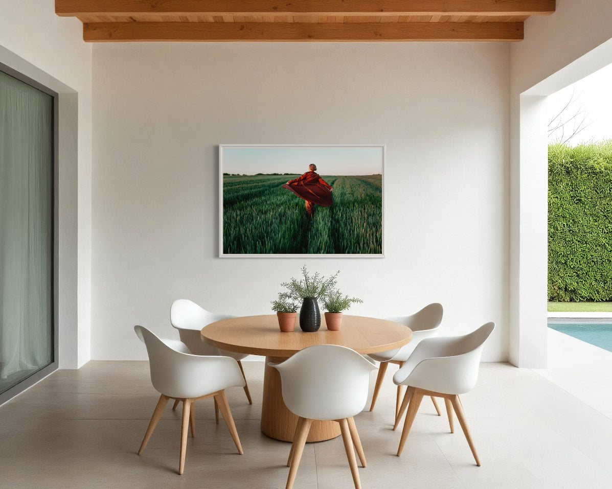 Walking at Sunset by Igor Ustynskyy styled in a boutique hotel lounge, offering framed art for hospitality and aesthetic solutions for hospitality designers.