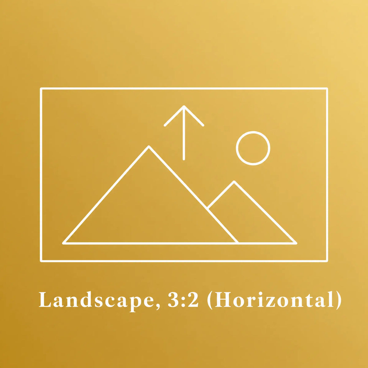 A digital graphic with a gold gradient background, featuring a white minimalist icon of mountains, a sun, and an arrow inside a frame, with the text 'Landscape, 3:2 (Horizontal)' written below. The Picturalist. The Private Collection. Upload your Image.