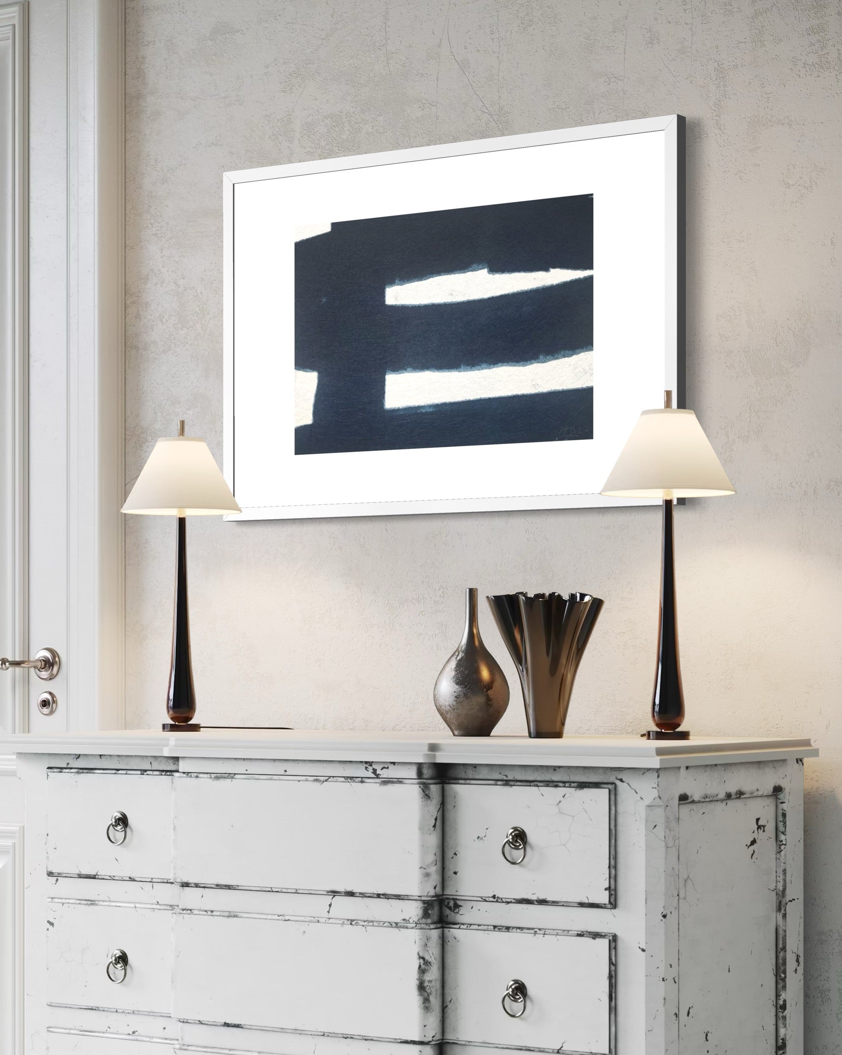 Inner Horizon by Marie Adeline styled in a staged real-estate setting, real estate staging art and tailored art solutions by The Picturalist