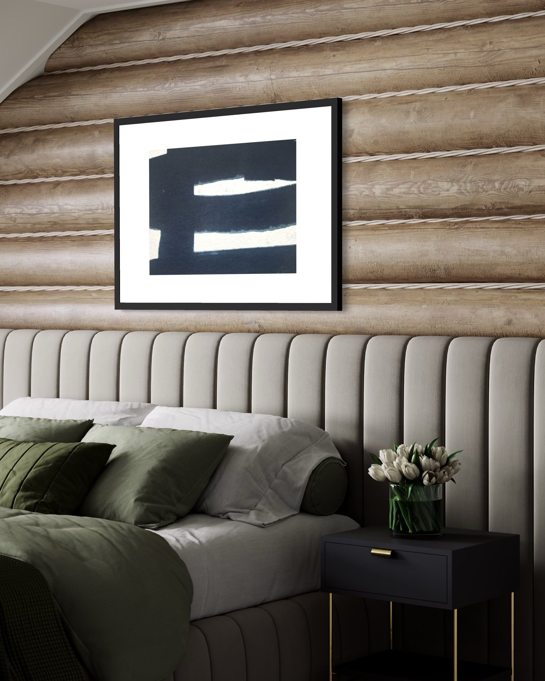 Inner Horizon by Marie Adeline framed above a bed, bespoke wall art solution for calming designer-grade wall decor by The Picturalist