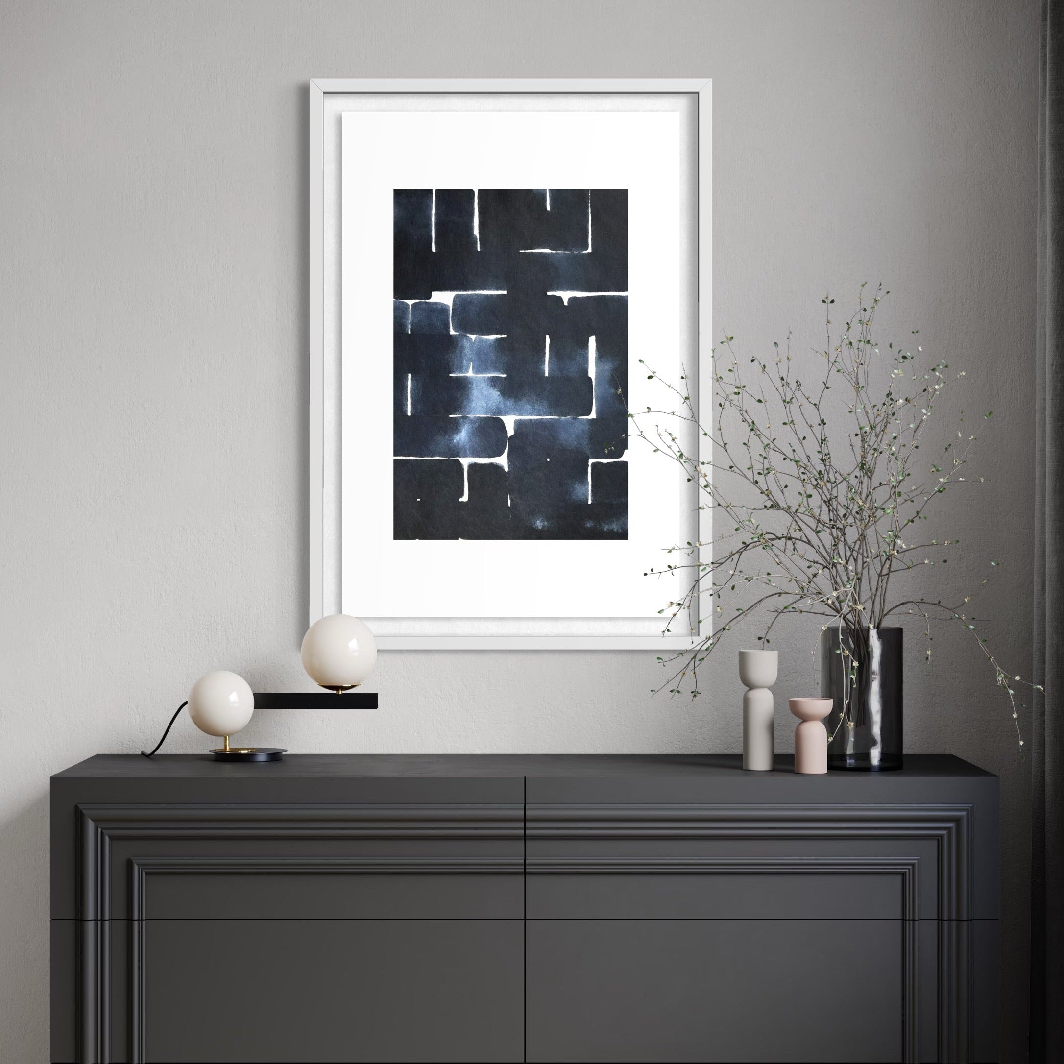 Mind Architecture by Marie Adeline featured in a clean hallway gallery display, ideal for real estate staging art and curated art collections for high-end properties.