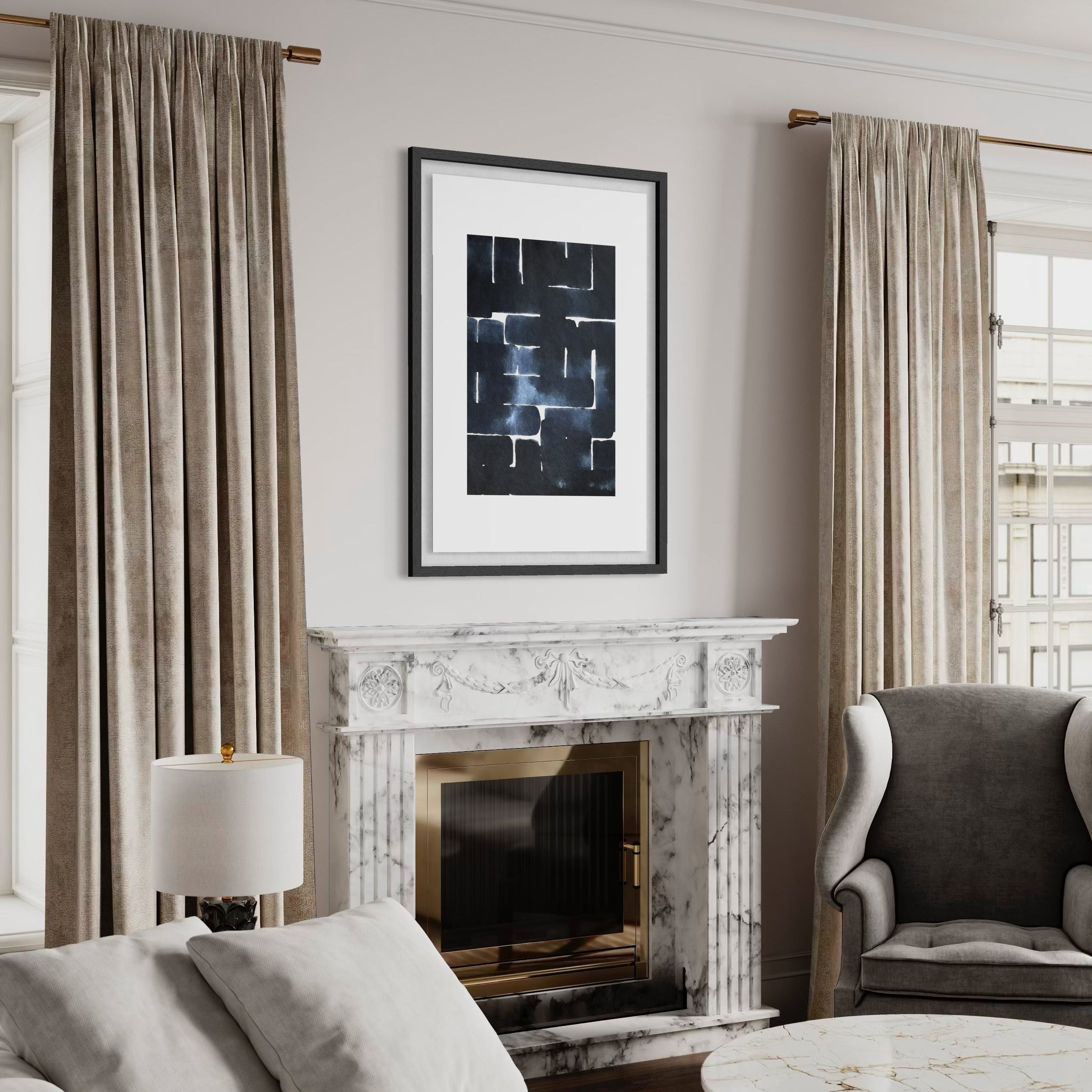 Mind Architecture by Marie Adeline framed in a modern living room, offering designer-grade wall decor and tailored art solutions for curated interiors.
