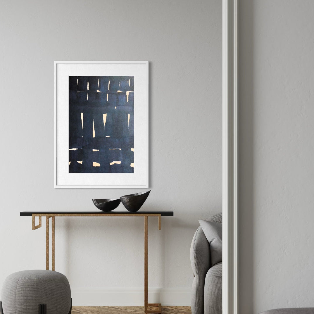 Perceptual Shift by Marie Adeline featured in a minimalist hallway gallery wall, ideal for real estate staging art and curated art collections for high-end properties.