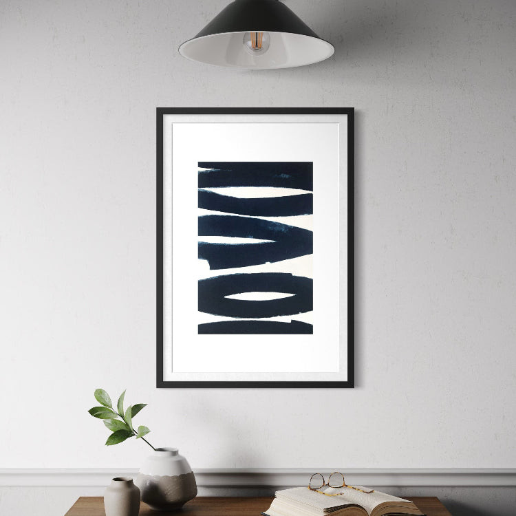 Psychic Shadow by Marie Adeline featured in a clean gallery-style hallway, ideal for real estate staging art and curated art collections for upscale interiors.