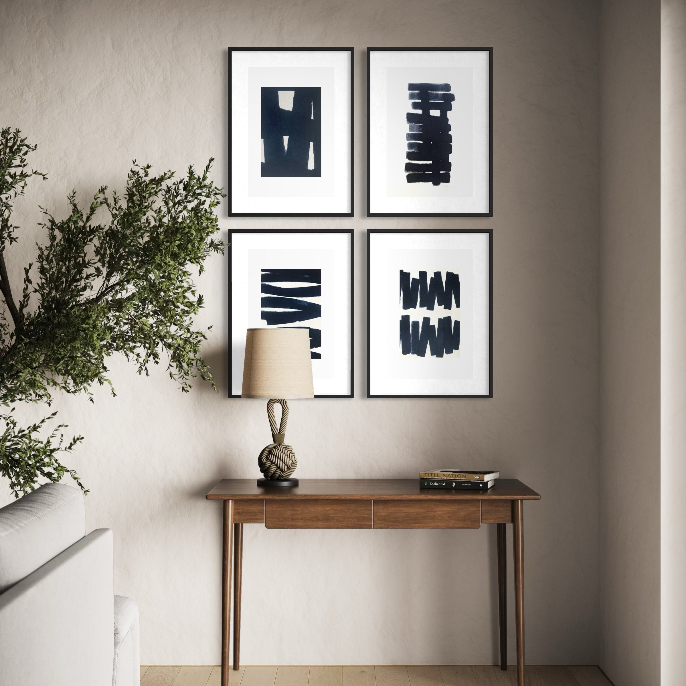 The Space Between by Marie Adeline featured in a minimalist hallway gallery wall, ideal for real estate staging art and curated art collections for high-end properties.
