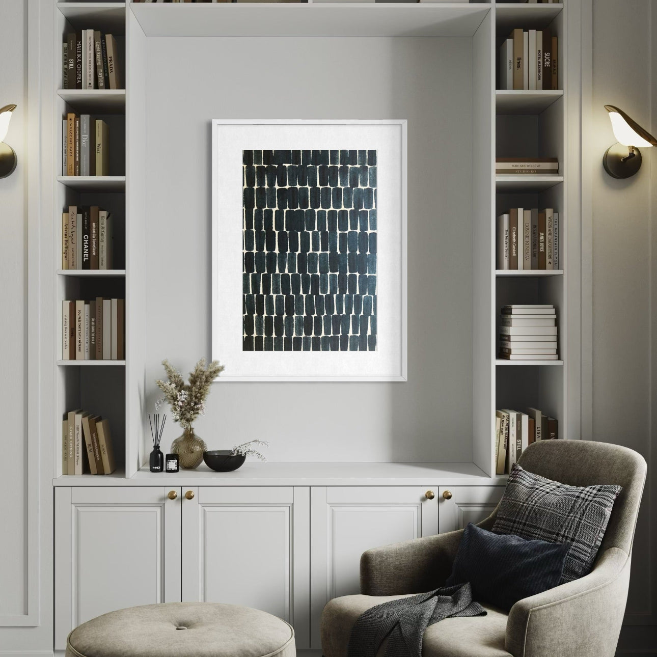 Thought Sequence by Marie Adeline framed in a modern living room, offering designer-grade wall decor and tailored art solutions for curated interiors.