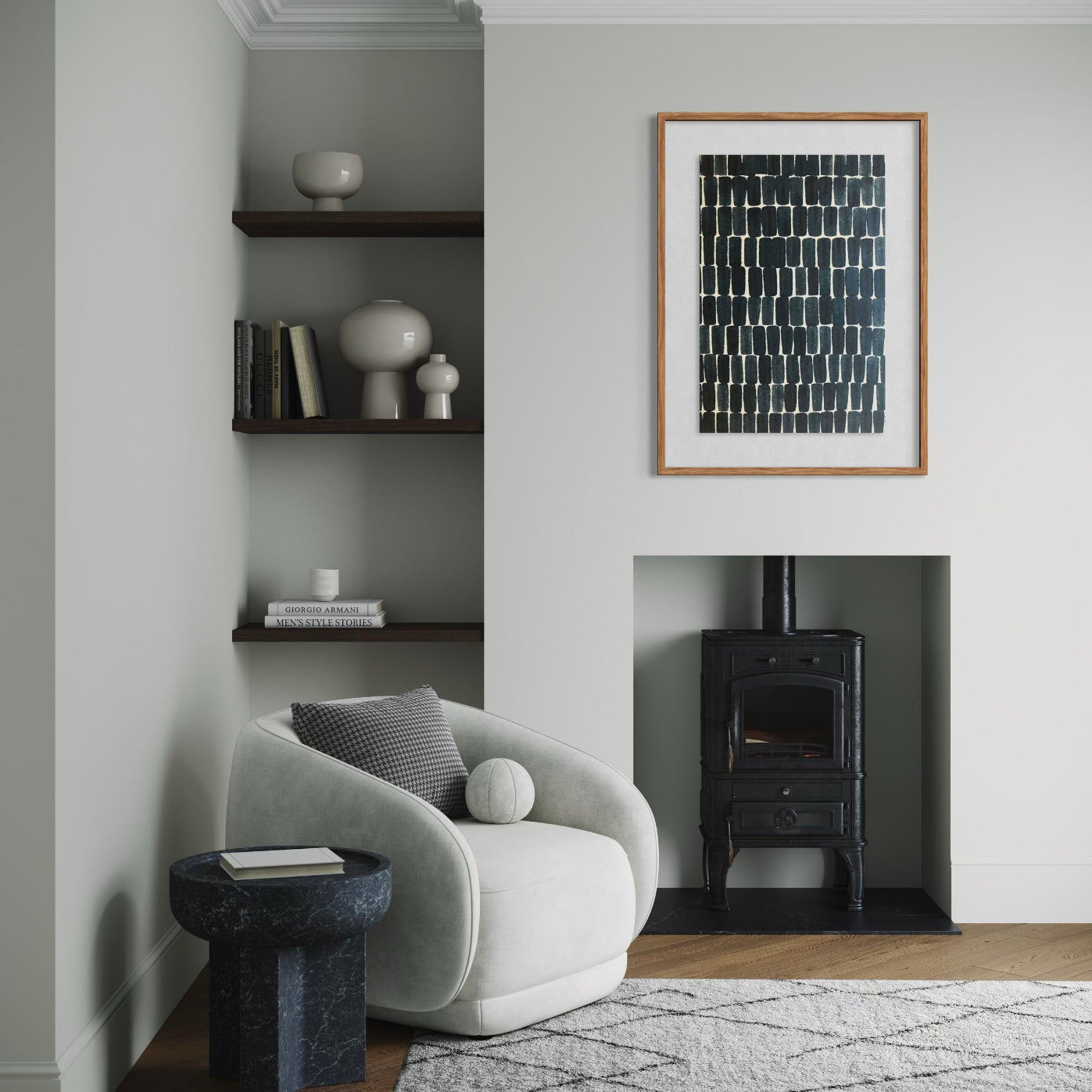 Thought Sequence by Marie Adeline shown in a boutique hotel lounge, offering framed art for hospitality and aesthetic solutions for hospitality designers.