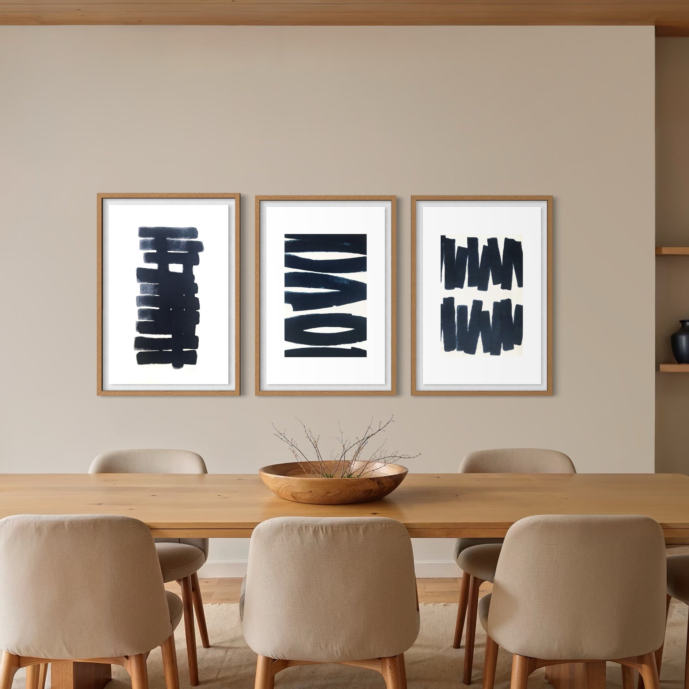 Vertical Balance by Marie Adeline in a refined dining room, enhancing high-end interior design with bespoke art prints and The Picturalist custom framing.