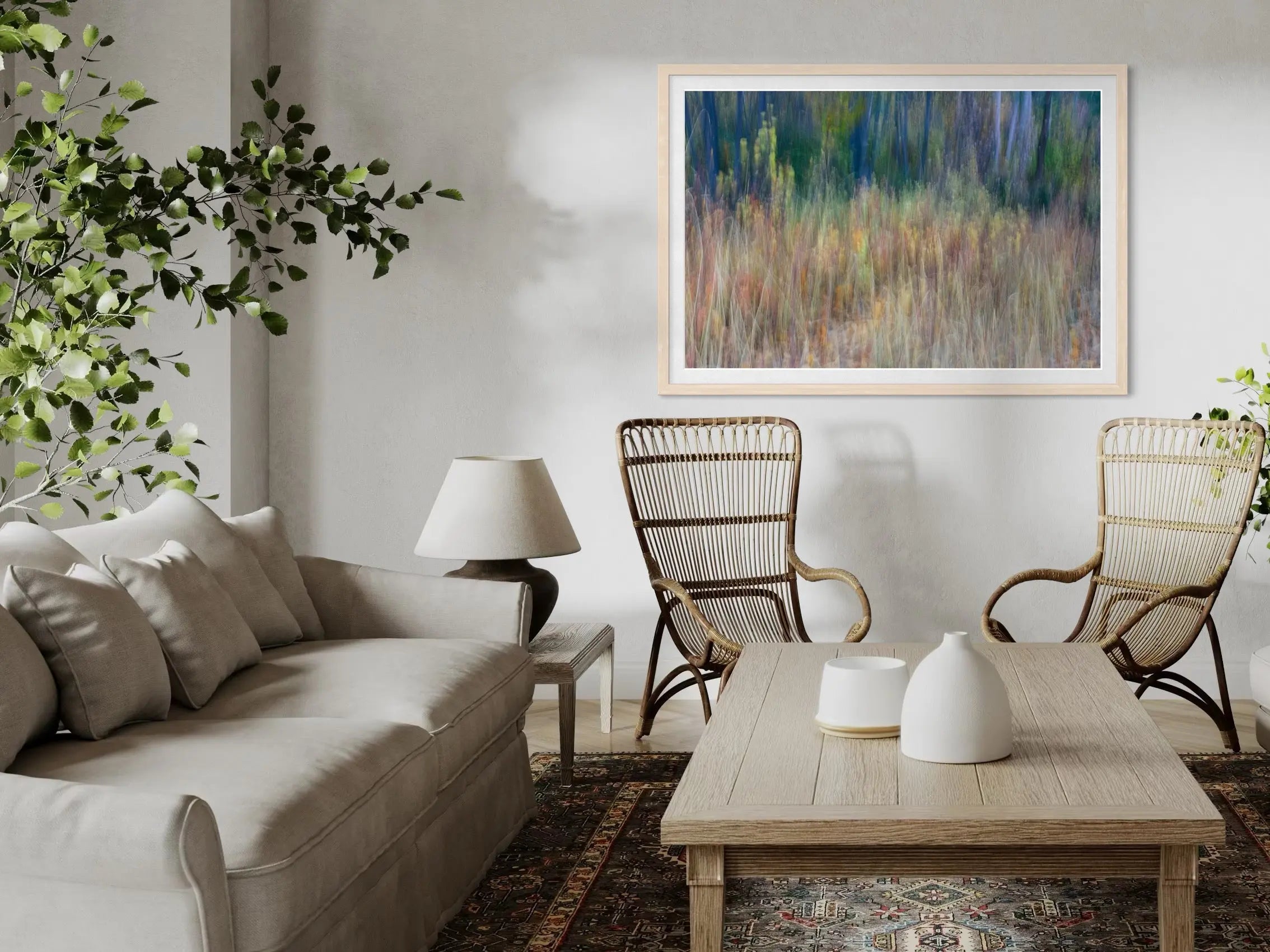 Aspen Trees in Autumn by Mint Images displayed in a modern living room interior