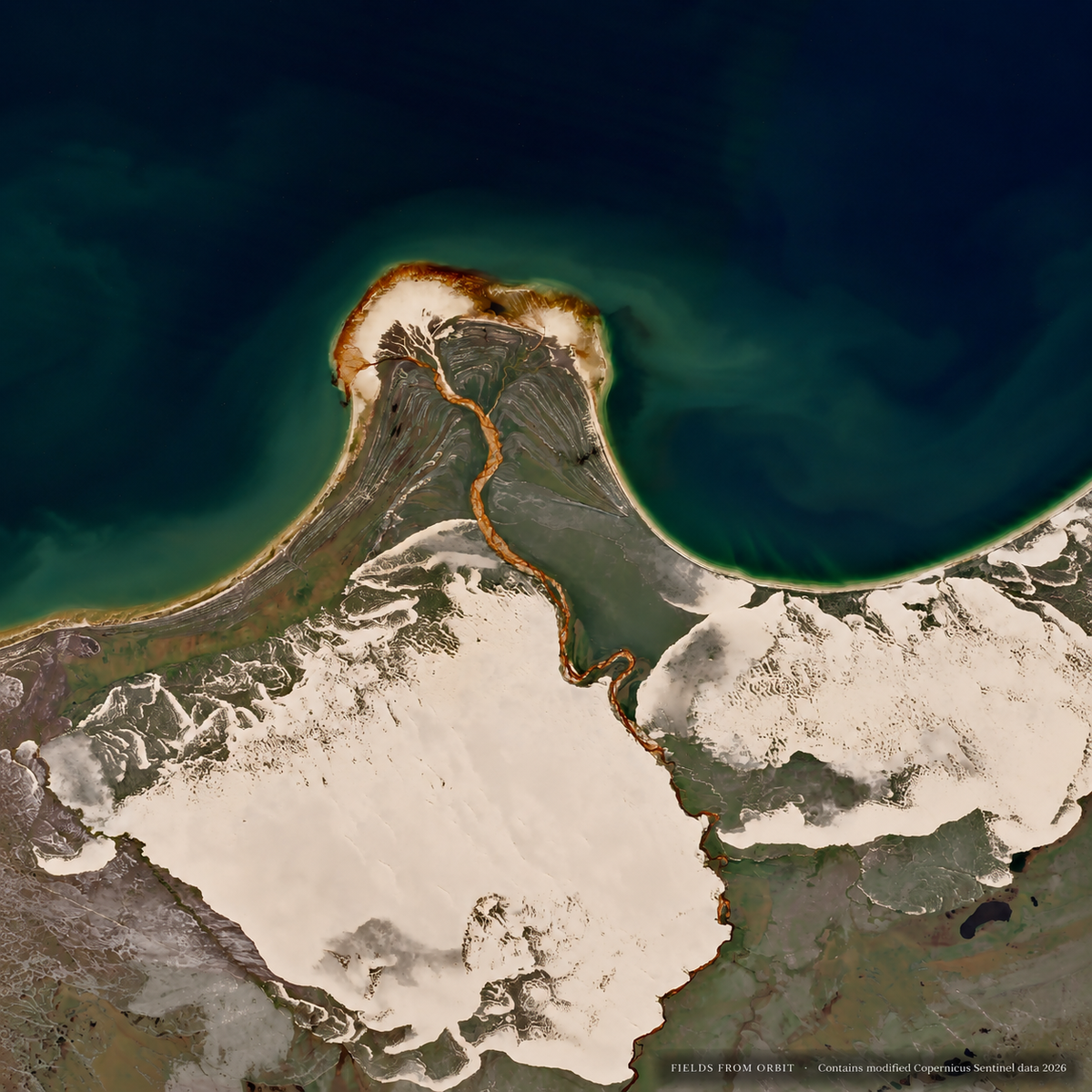 Satellite-style aerial photograph of a coastal landform with deep blue-green water, a narrow sandy strip, and a large pale salt flat or sand area. Small text at the bottom right reads 'FIELDS FOR GLOBE - Contour shaded elevation, scanned date 2025'.