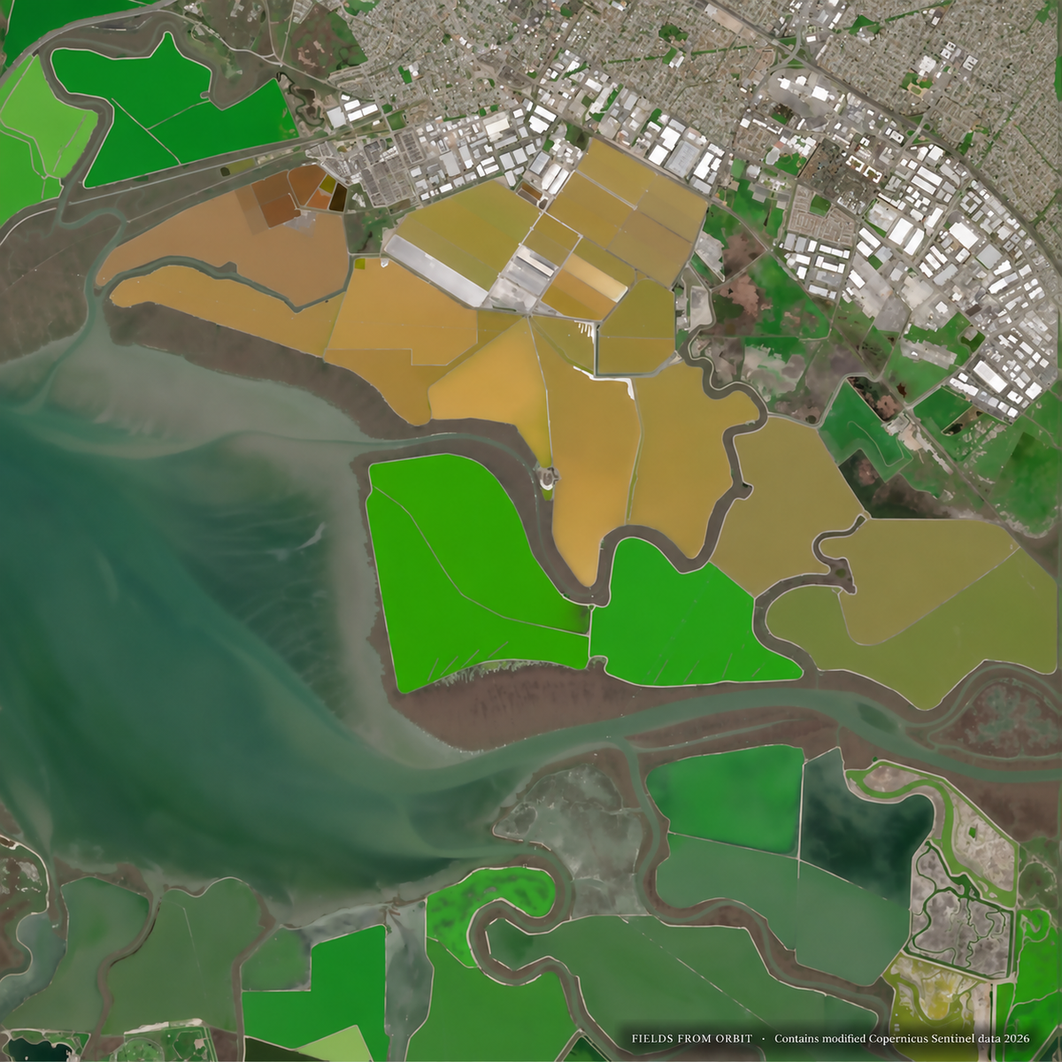 Aerial satellite-style map view showing tidal flats, waterways, and patchwork agricultural fields in green, yellow, and tan, with urban buildings visible along the top right.