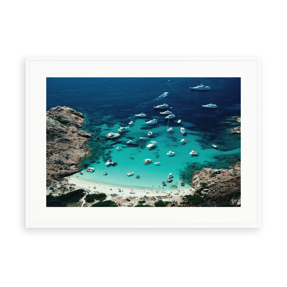 Illustrative matte-white framed preview with white inner border of Porto Rotondo by Slim Aarons. Proportions vary by size.