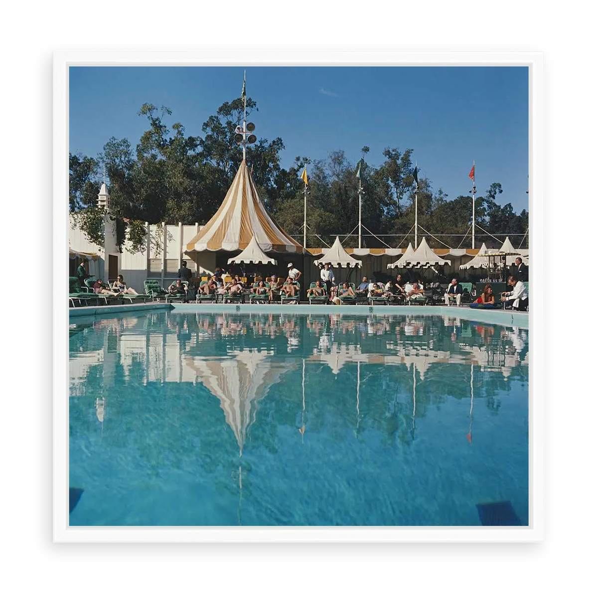 Illustrative matte-white floater-framed preview, without added mat, of Beverly Hills Hotel Pool by Slim Aarons. Proportions vary by size.