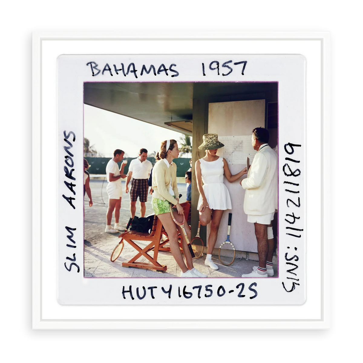 Illustrative matte-white floater-framed preview, without added mat, of Bahamas 1957 by Slim Aarons. Proportions vary by size.