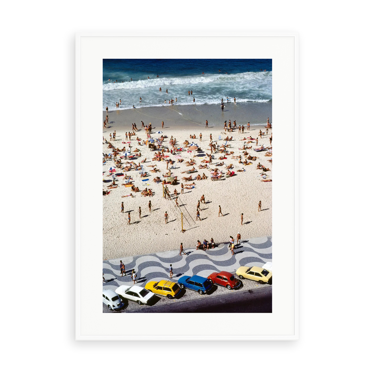 Illustrative matte-white framed preview with white inner border of Copacabana Beach Brazil by Slim Aarons. Proportions vary by size.