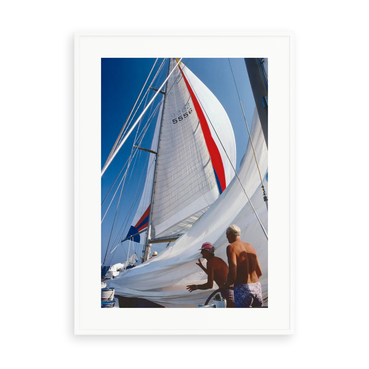 Illustrative matte-white framed preview with white inner border of Sailing in Sardinia by Slim Aarons. Proportions vary by size.