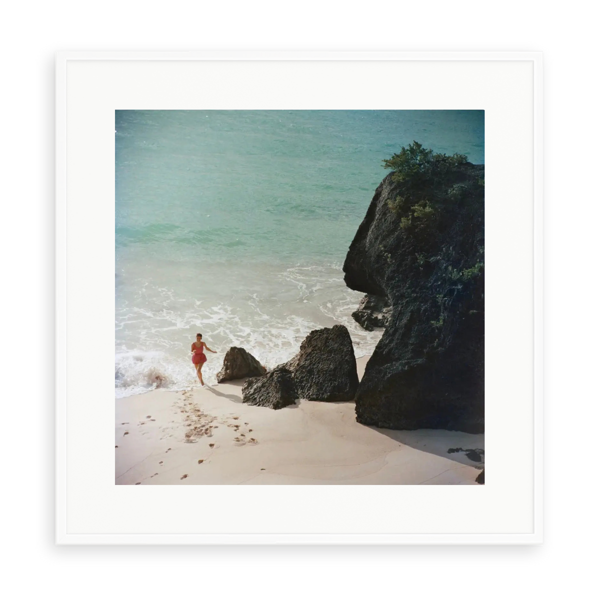 Illustrative matte-white framed preview with white inner border of Bermuda Beach by Slim Aarons. Proportions vary by size.