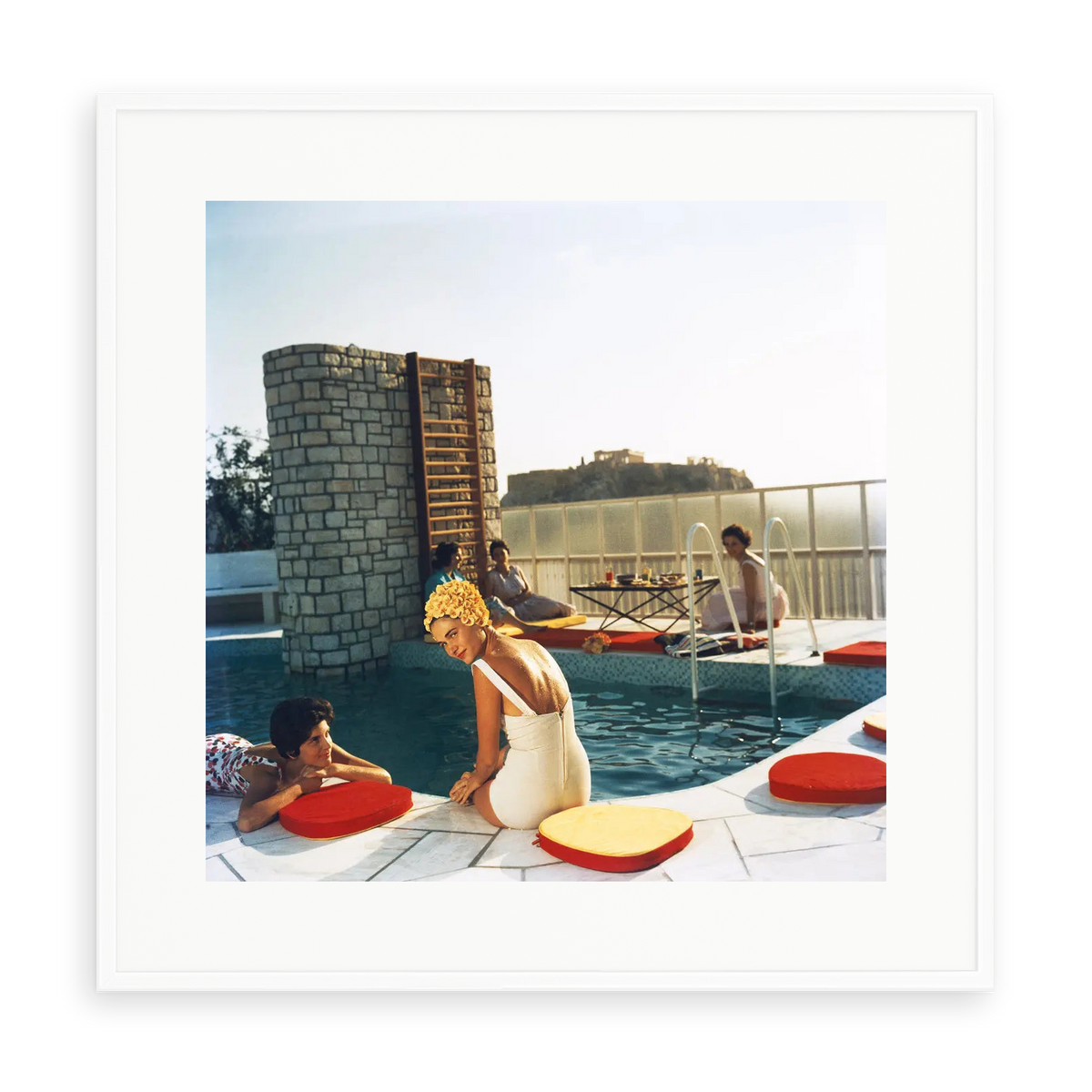 Illustrative matte-white framed preview with white inner border of Penthouse Pool by Slim Aarons. Proportions vary by size.