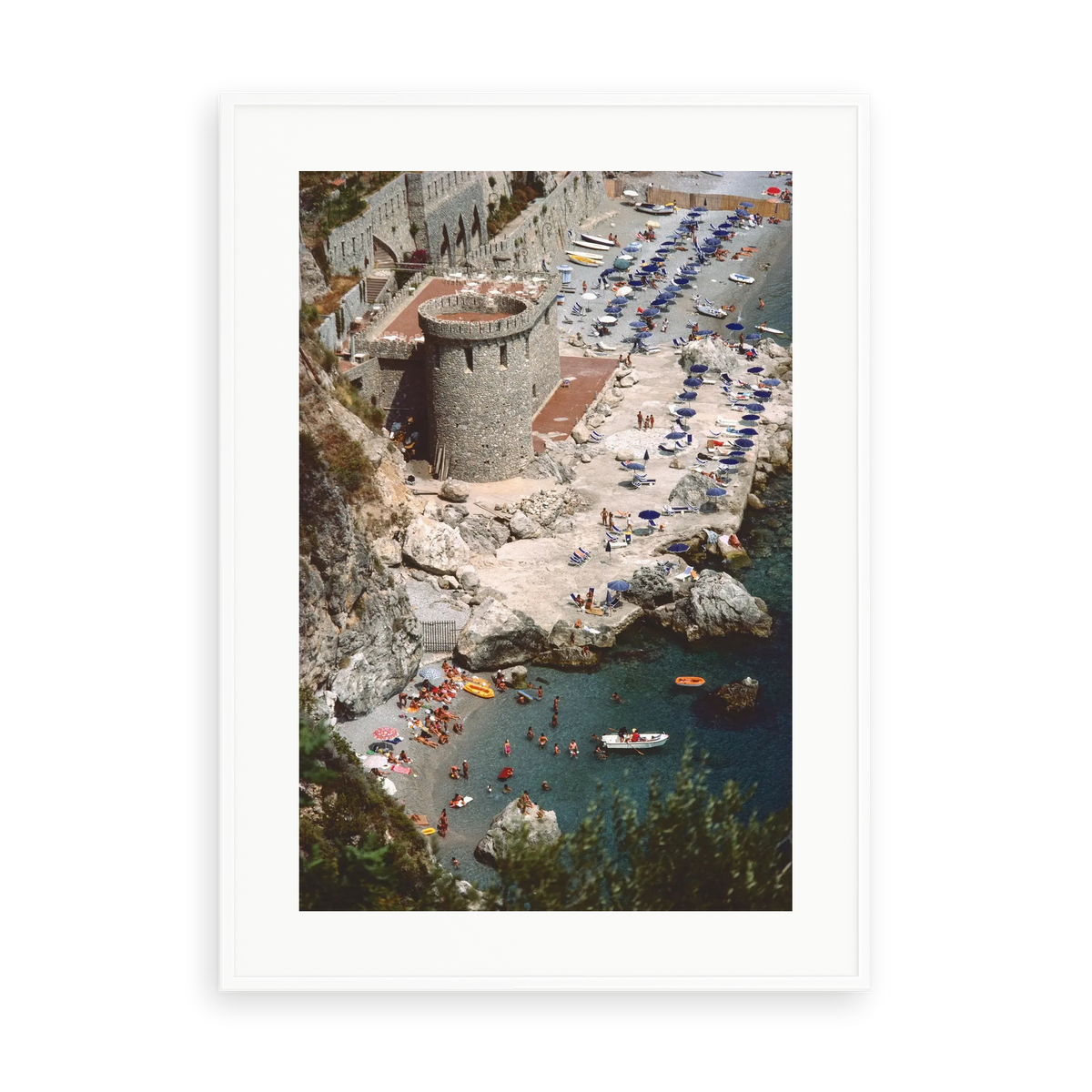Illustrative matte-white framed preview with white inner border of Amalfi Italy by Slim Aarons. Proportions vary by size.