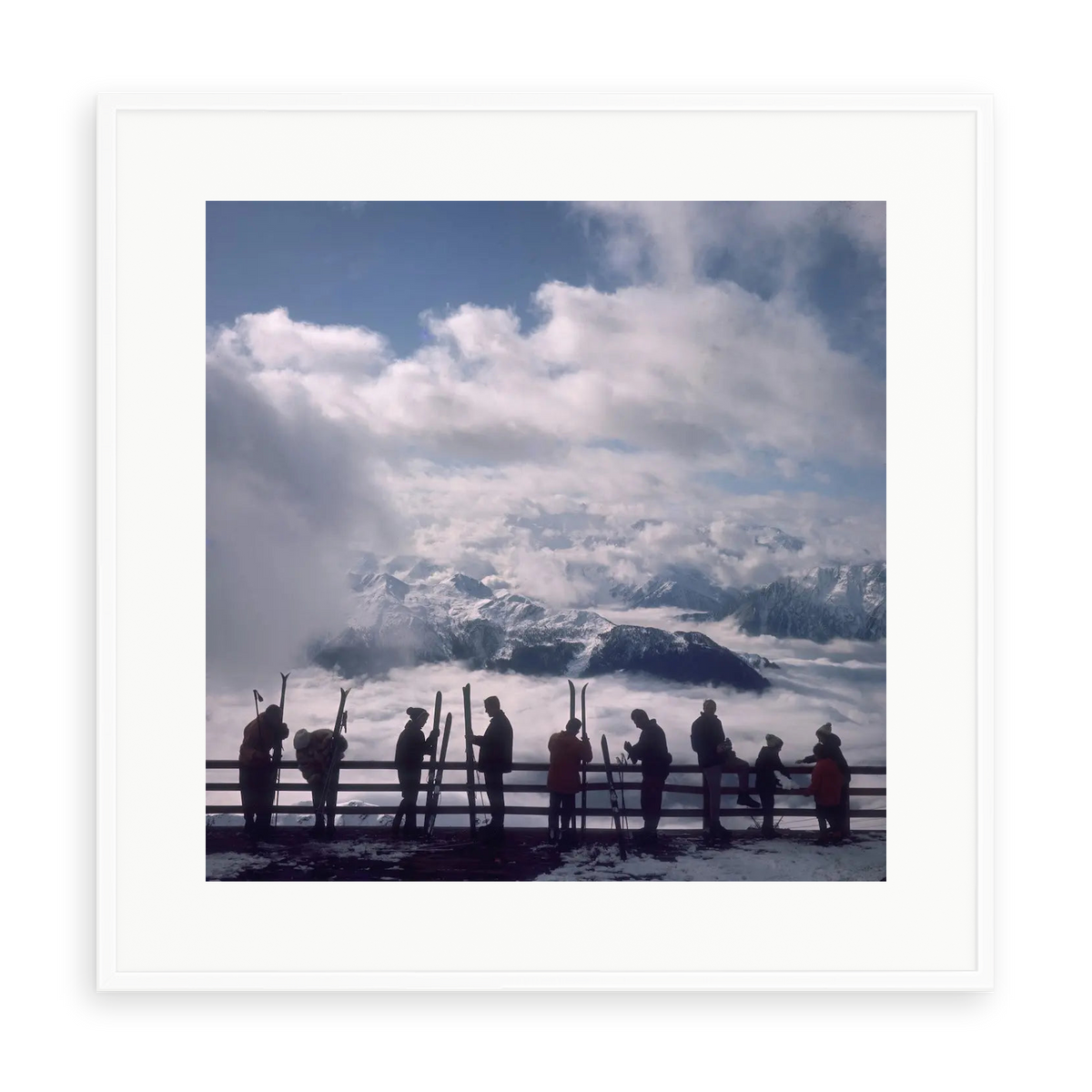 Illustrative matte-white framed preview with white inner border of Verbier View by Slim Aarons. Proportions vary by size.