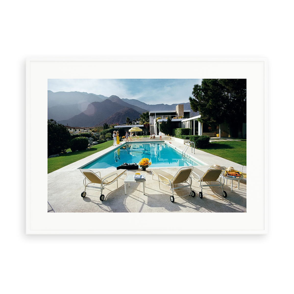 Illustrative matte-white framed preview with white inner border of Poolside Loungers by Slim Aarons. Proportions vary by size.