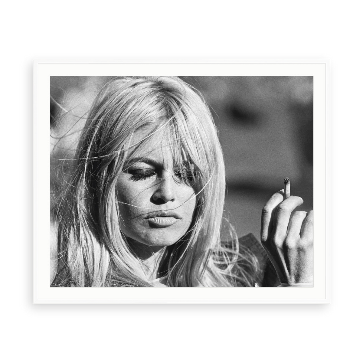 Brigitte Bardot Smoking by Reg Lancaster — illustrative matte-white framed paper print with white mat; proportions vary by size.