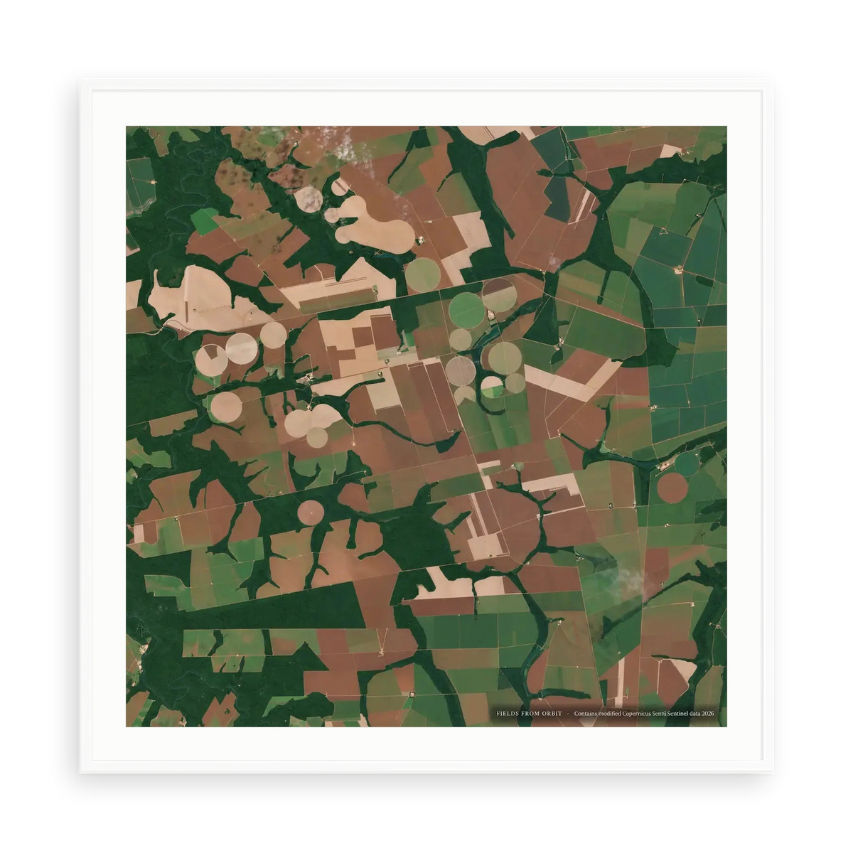 The Soy Frontier No. 1 — illustrative matte-white framed paper print with white mat; proportions vary by size.