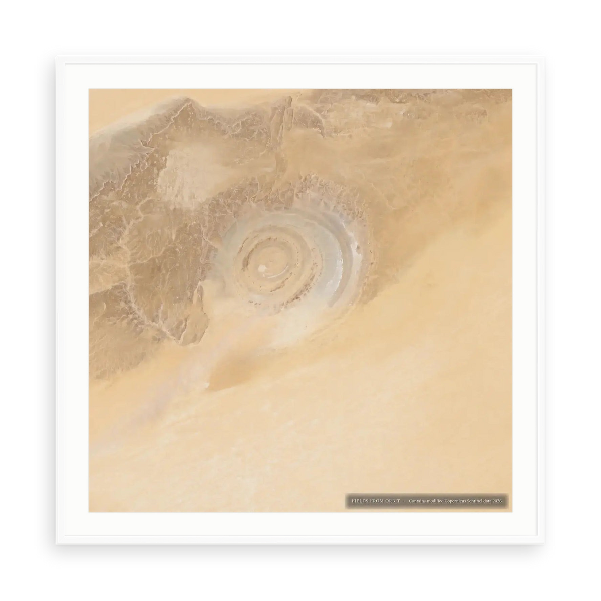 The Desert Eye No. 1 — illustrative matte-white framed paper print with white mat; proportions vary by size.