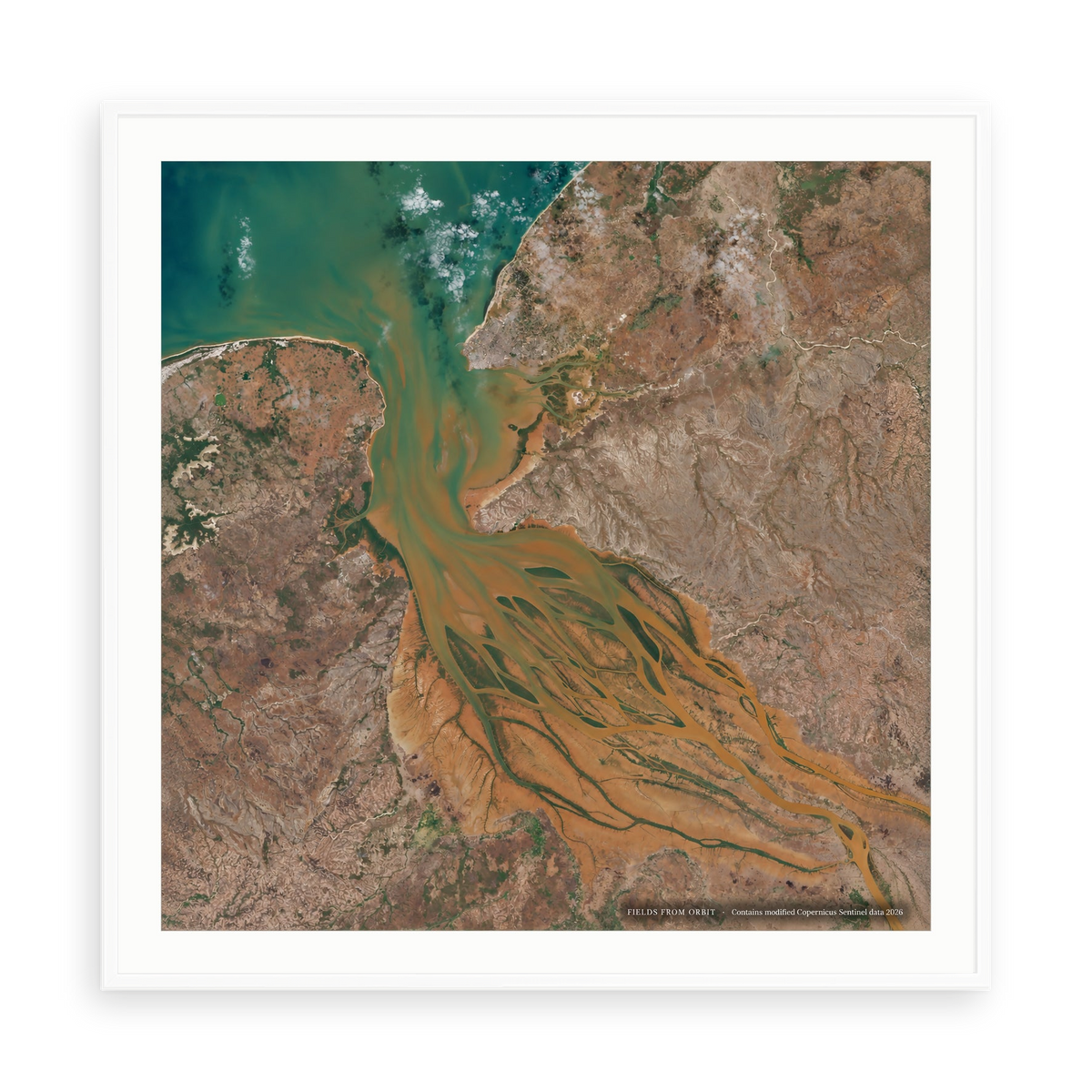 The Red Estuary No. 1 — illustrative matte-white framed paper print with white mat; proportions vary by size.