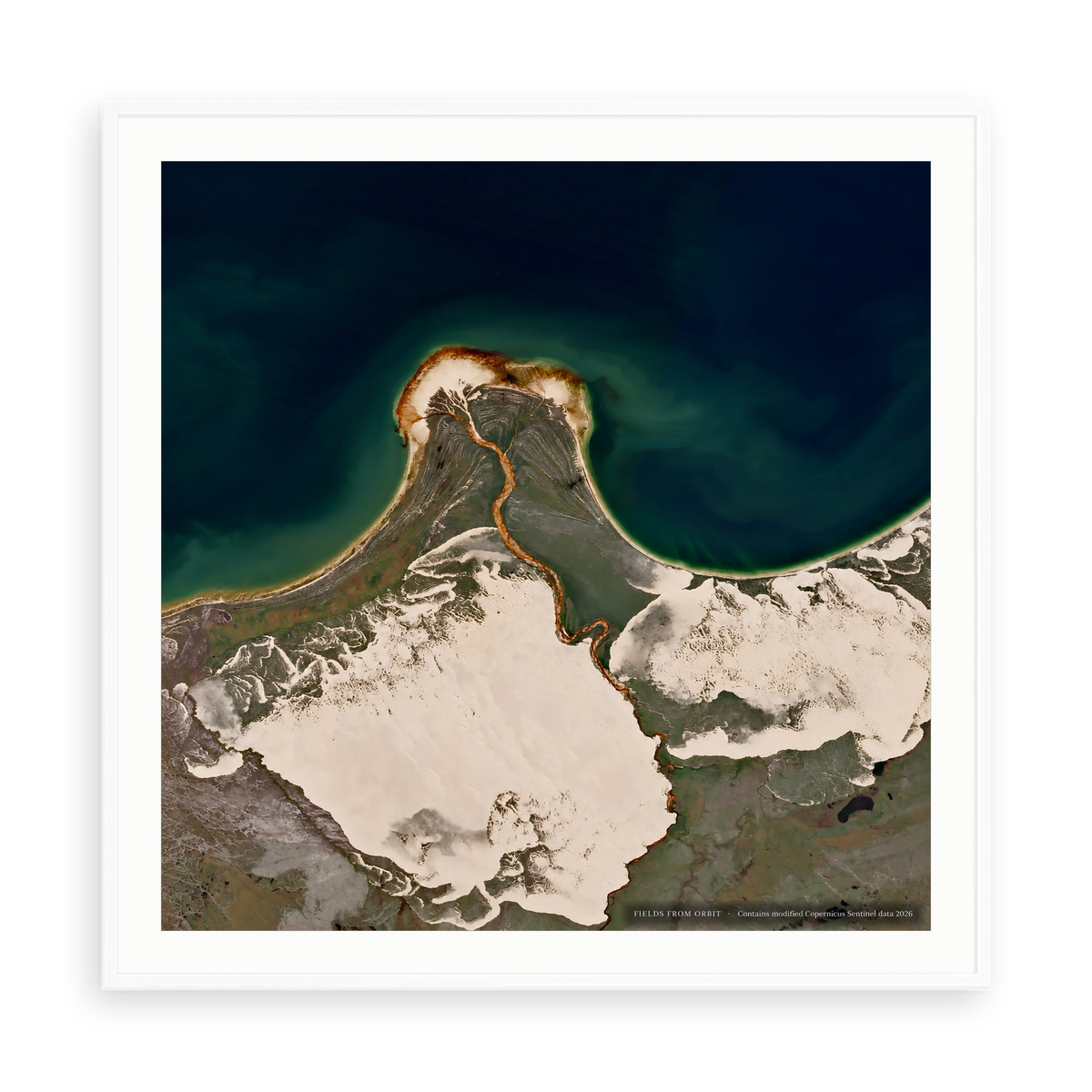 The Bear Glacier Lagoon No. 1 — illustrative matte-white framed paper print with white mat; proportions vary by size.